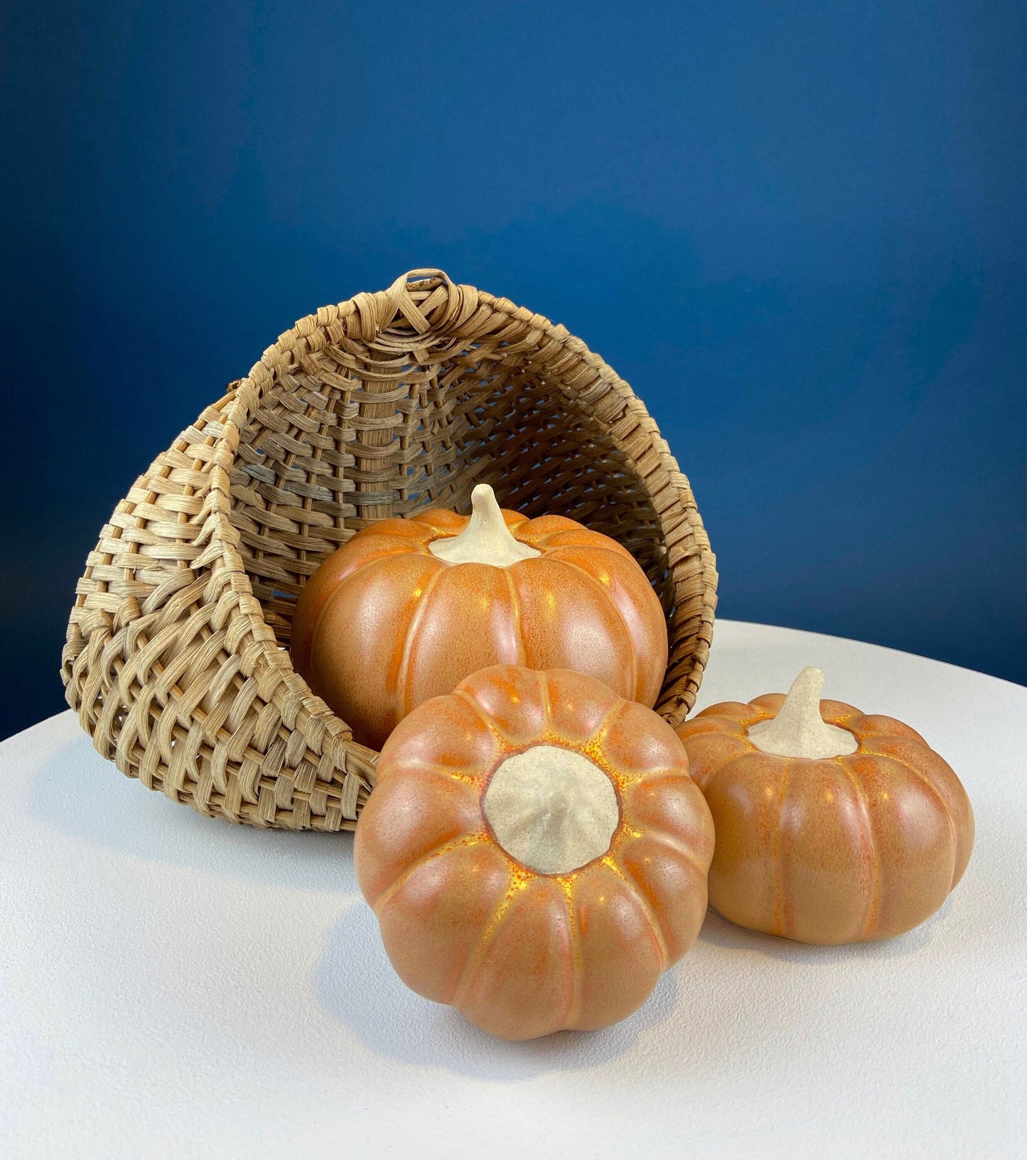 Set of Three Ceramic Pumpkins of Varying Sizes. One Large and Two Smaller. Staple Thanksgiving Fall Decoration. Home Decor. Store Display.