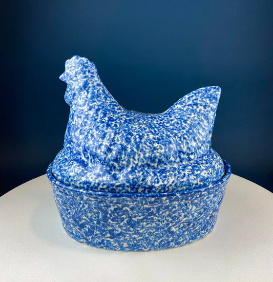 Blue and White Speckled Hen on Nest Stoneware Covered Dish. Large Serving Dish with Lid. Modern Farhouse. Rustic Home Decor and Cookware. .