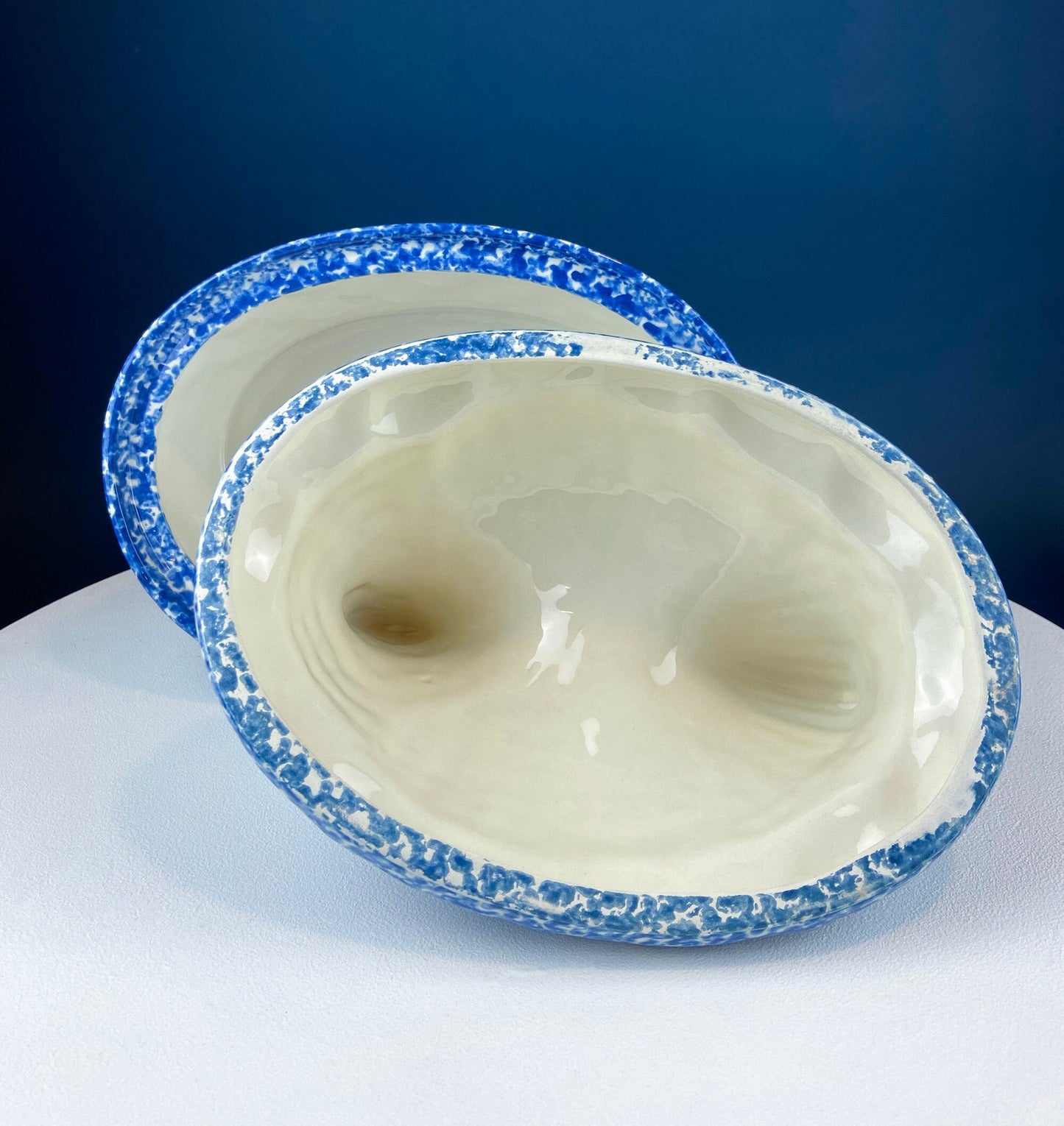 Blue and White Speckled Hen on Nest Stoneware Covered Dish. Large Serving Dish with Lid. Modern Farhouse. Rustic Home Decor and Cookware. .