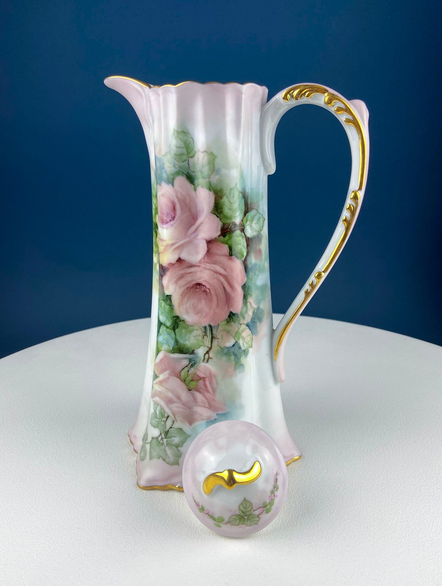 Tall, 11-Inch Antique Hand Painted Hot Chocolate Pot. Stunning Peach Color Roses. Collectible Fine Bone China. Bohemian Chic.