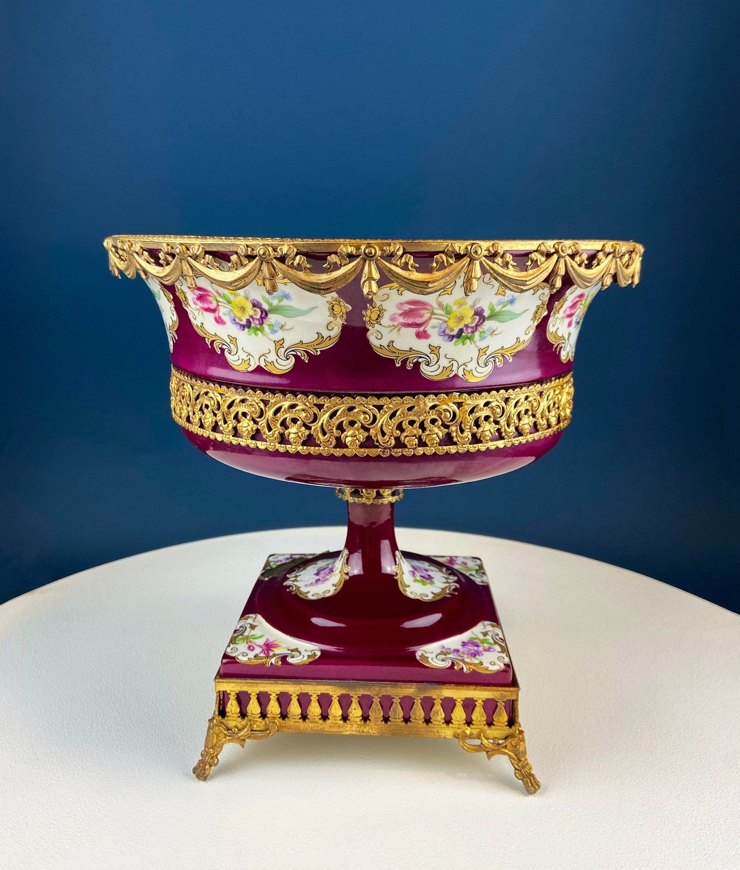 Antique Porcelain Burgundy & Gold Footed Bowl with Marble Base. Hand Painted Roses Storage Dish with Dolphin Feet. Ornate Marble Base.