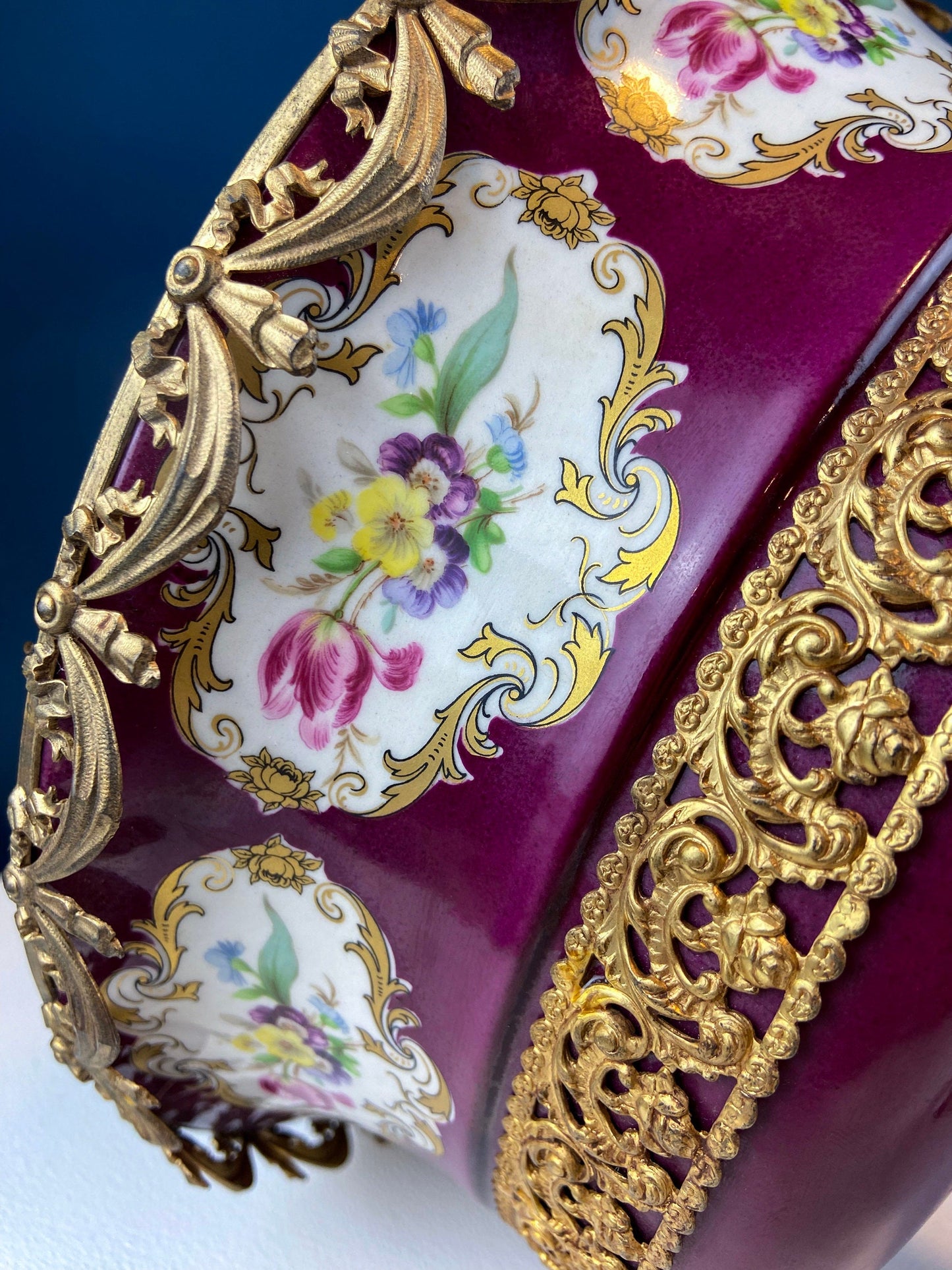 Antique Porcelain Burgundy & Gold Footed Bowl with Marble Base. Hand Painted Roses Storage Dish with Dolphin Feet. Ornate Marble Base.