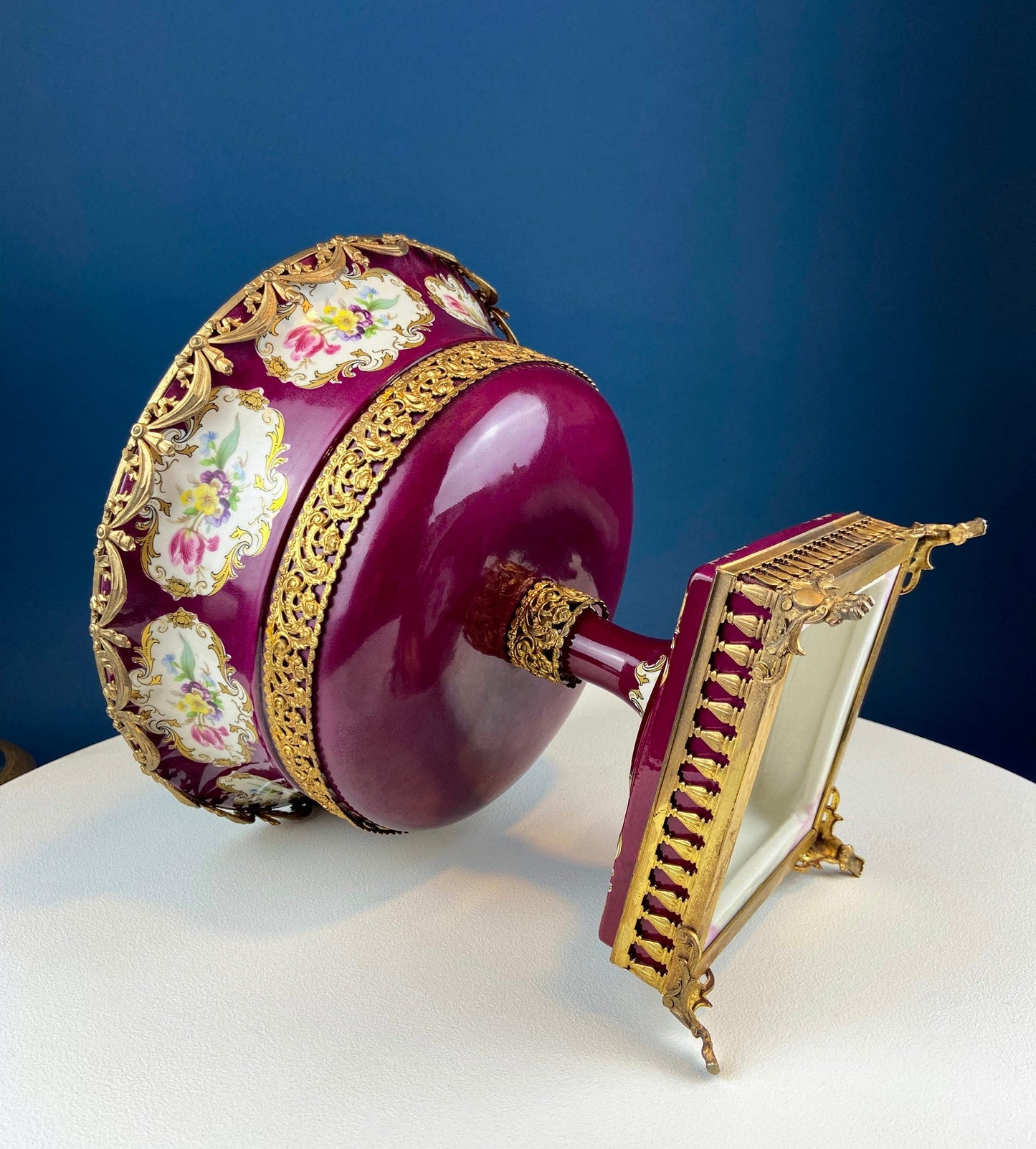 Antique Porcelain Burgundy & Gold Footed Bowl with Marble Base. Hand Painted Roses Storage Dish with Dolphin Feet. Ornate Marble Base.