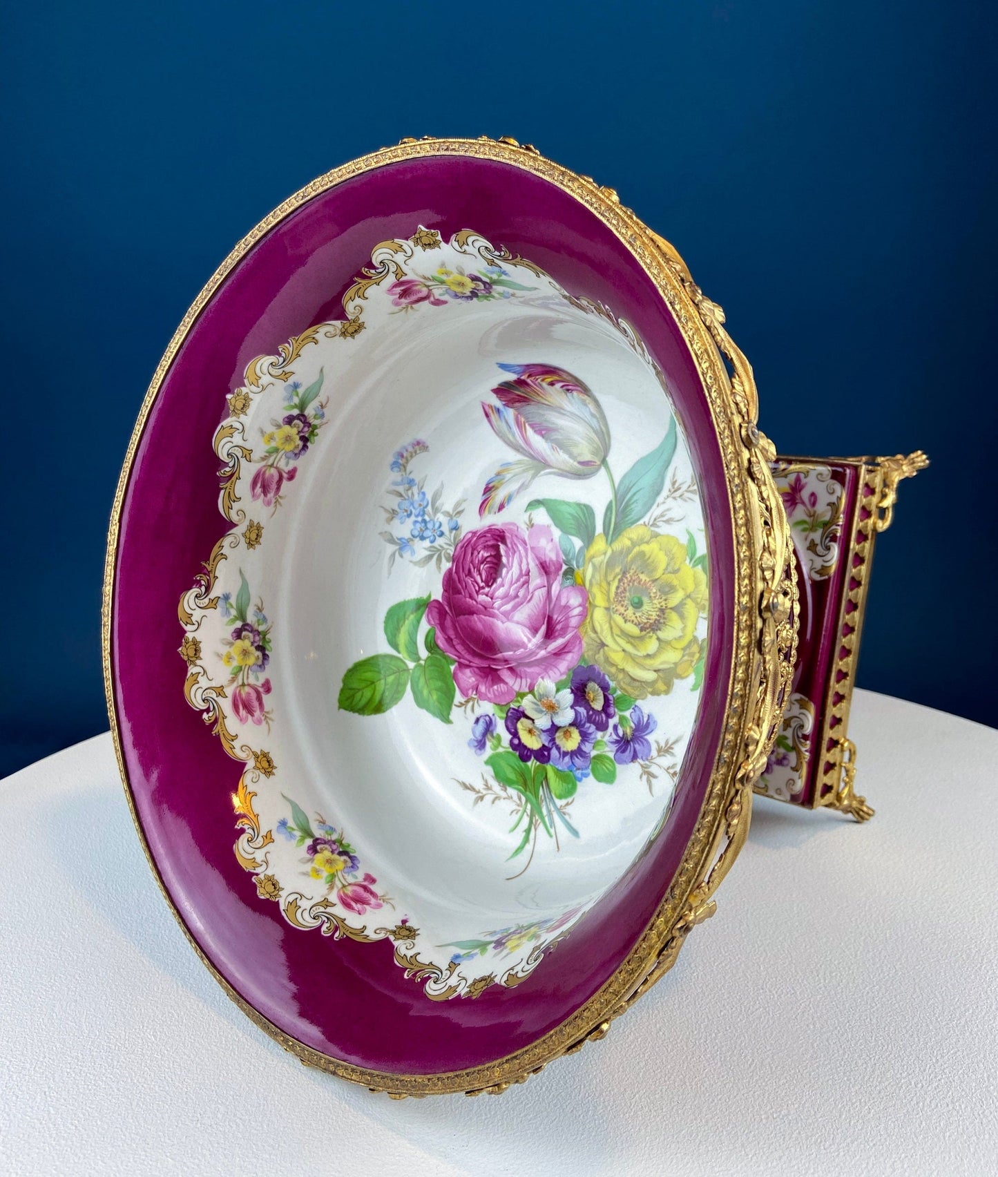 Antique Porcelain Burgundy & Gold Footed Bowl with Marble Base. Hand Painted Roses Storage Dish with Dolphin Feet. Ornate Marble Base.