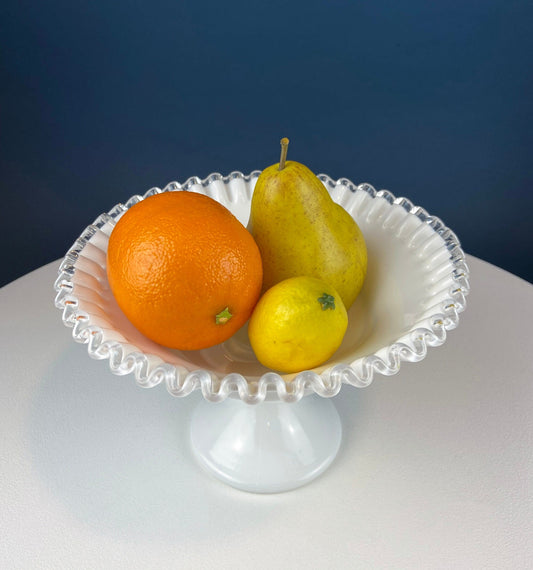 Fenton Milk Glass Footed Bowl with Silver Crest Ruffled Edge. Milk Glass  Collectible Compote by Fenton.