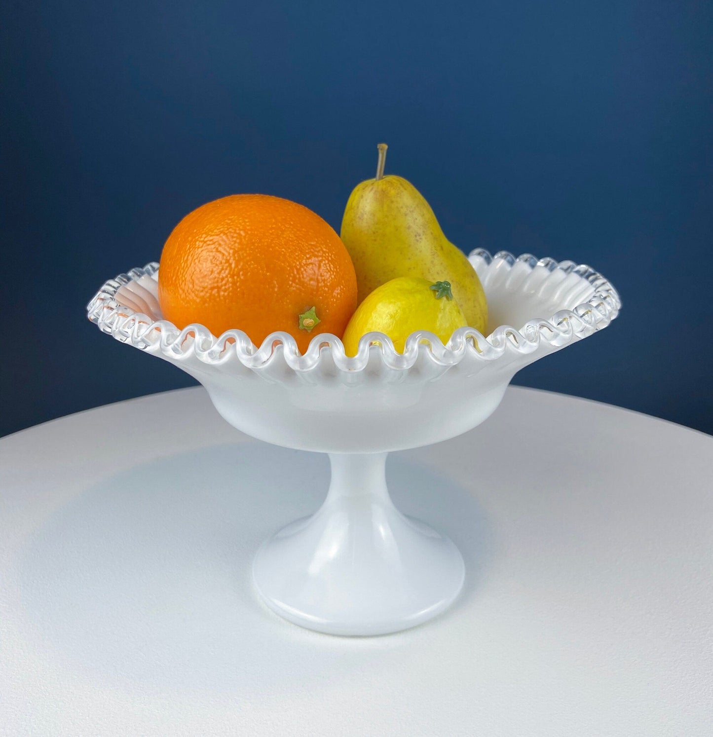 Fenton Milk Glass Footed Bowl with Silver Crest Ruffled Edge. Milk Glass  Collectible Compote by Fenton.