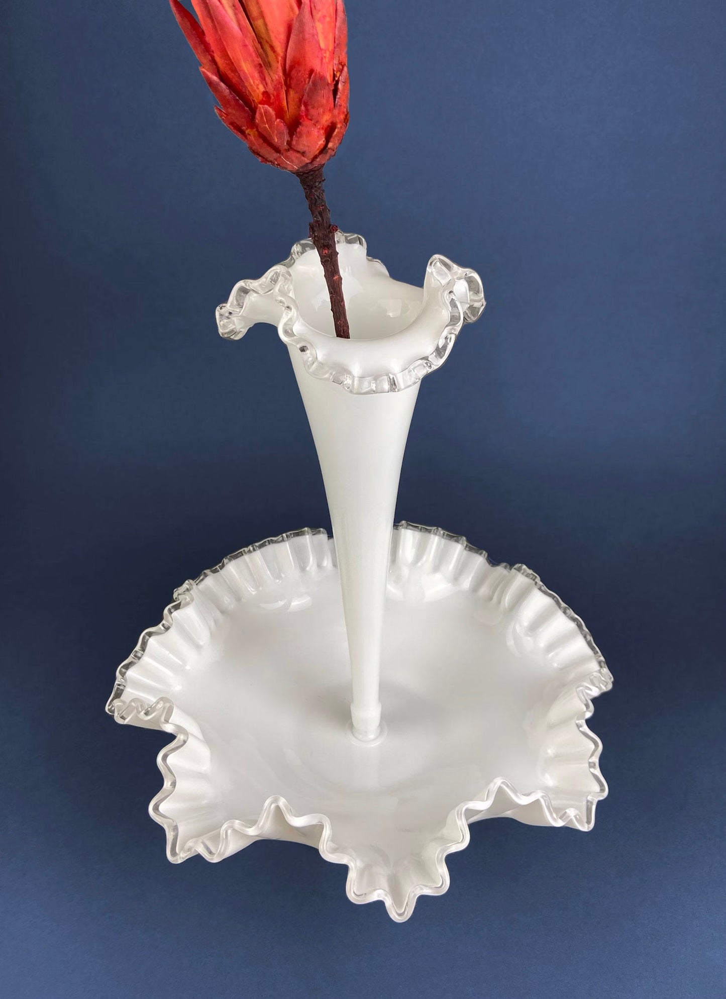 Fenton Milk Glass Footed Bowl with Silver Crest Ruffled Edge. Milk Glass  Collectible Compote by Fenton.