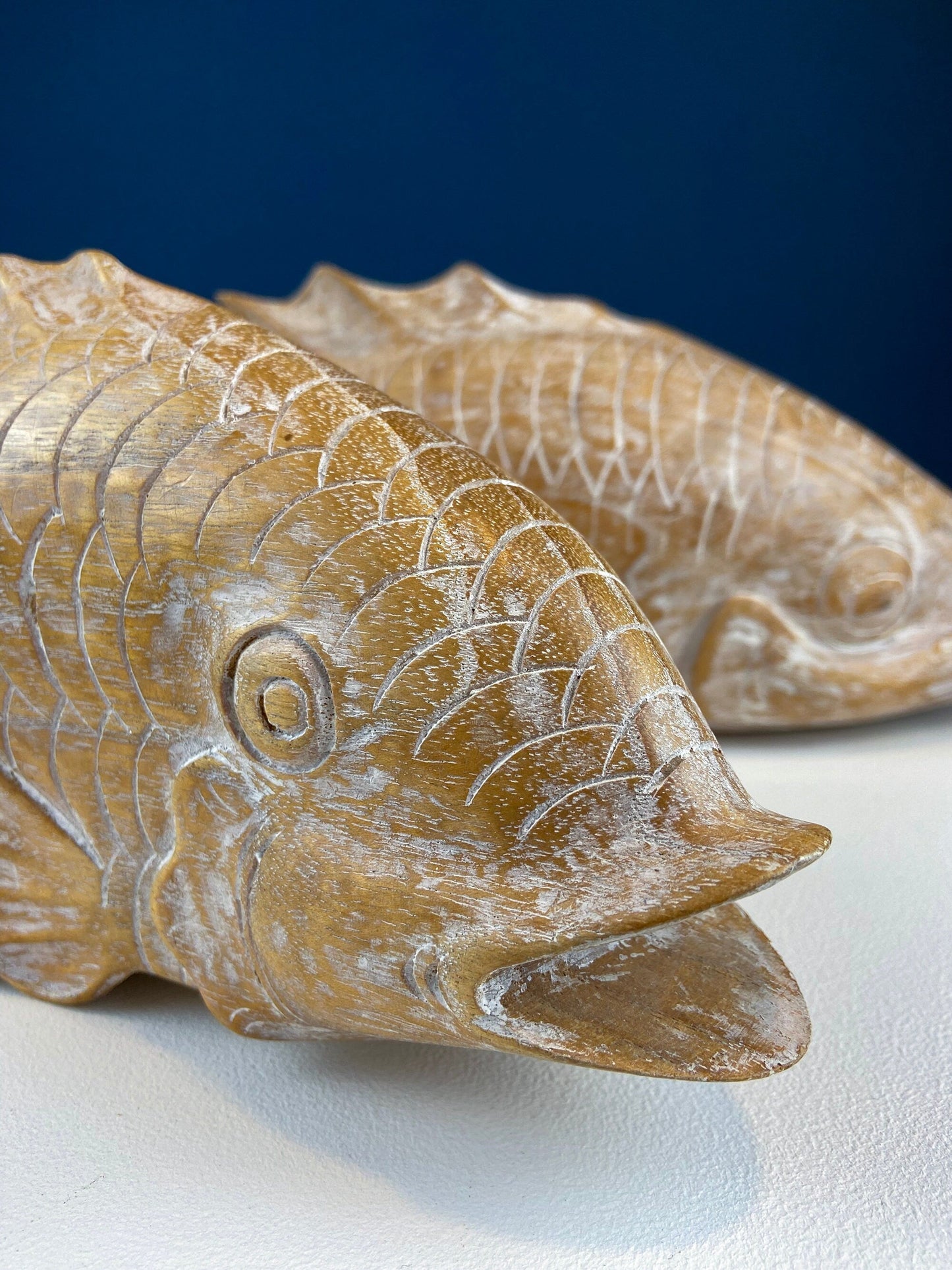 Large Whitewashed Wooden Koi Fish Figurines. Set of Two Fish Sculptures for Tropical Retreat, Second Vacation Home. Gift for Dad, Fisherman.