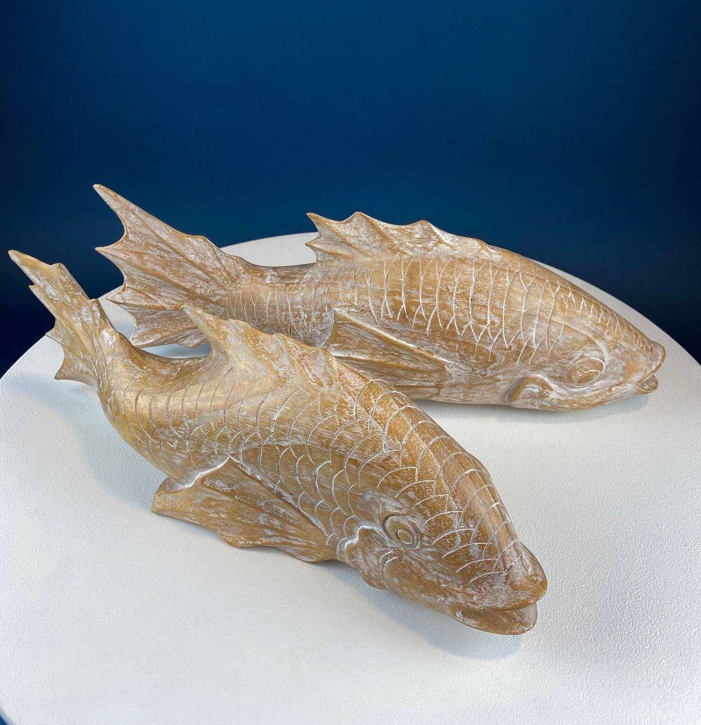 Large Whitewashed Wooden Koi Fish Figurines. Set of Two Fish Sculptures for Tropical Retreat, Second Vacation Home. Gift for Dad, Fisherman.