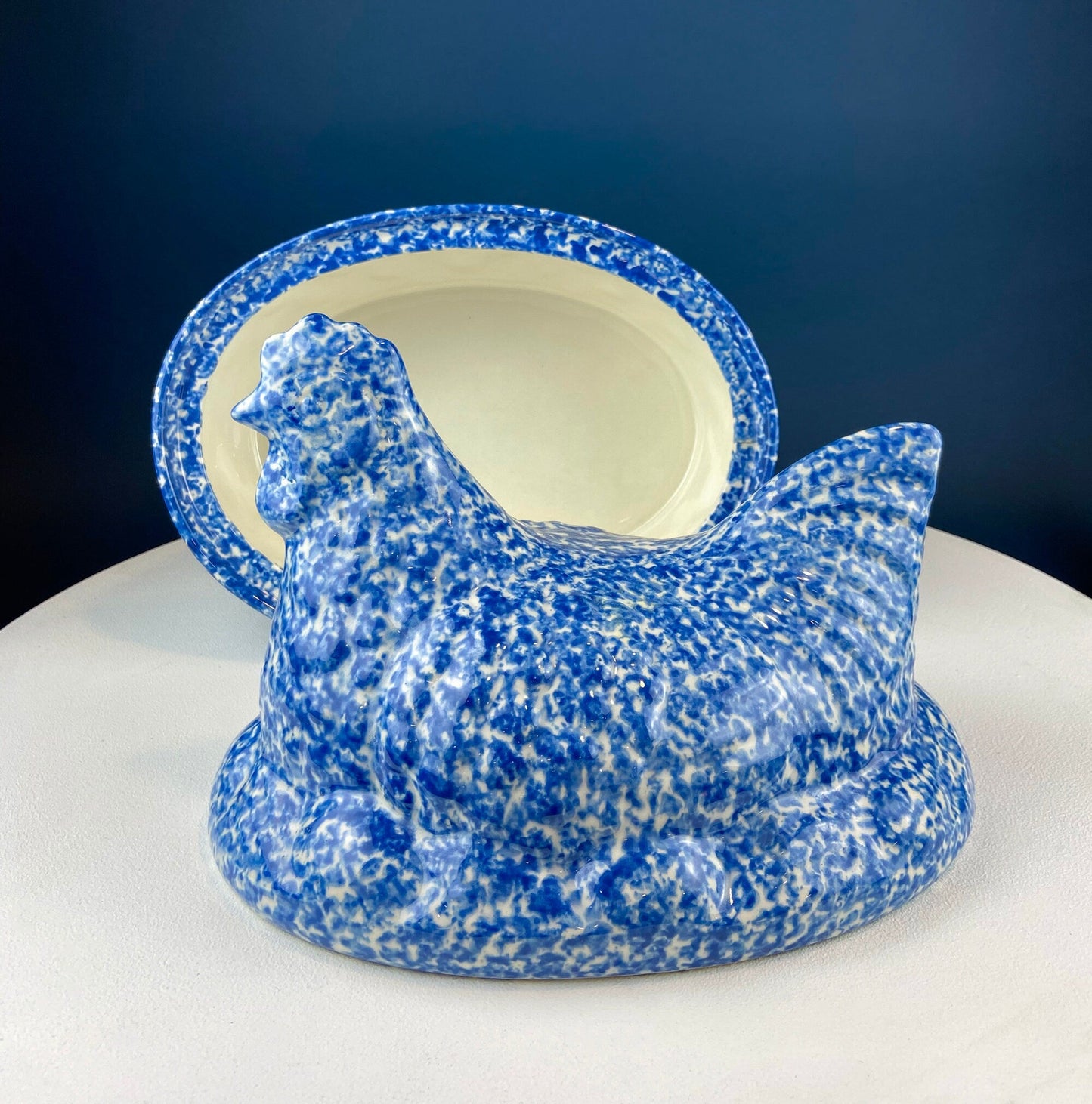 Blue and White Speckled Hen on Nest Stoneware Covered Dish. Large Serving Dish with Lid. Modern Farhouse. Rustic Home Decor and Cookware. .