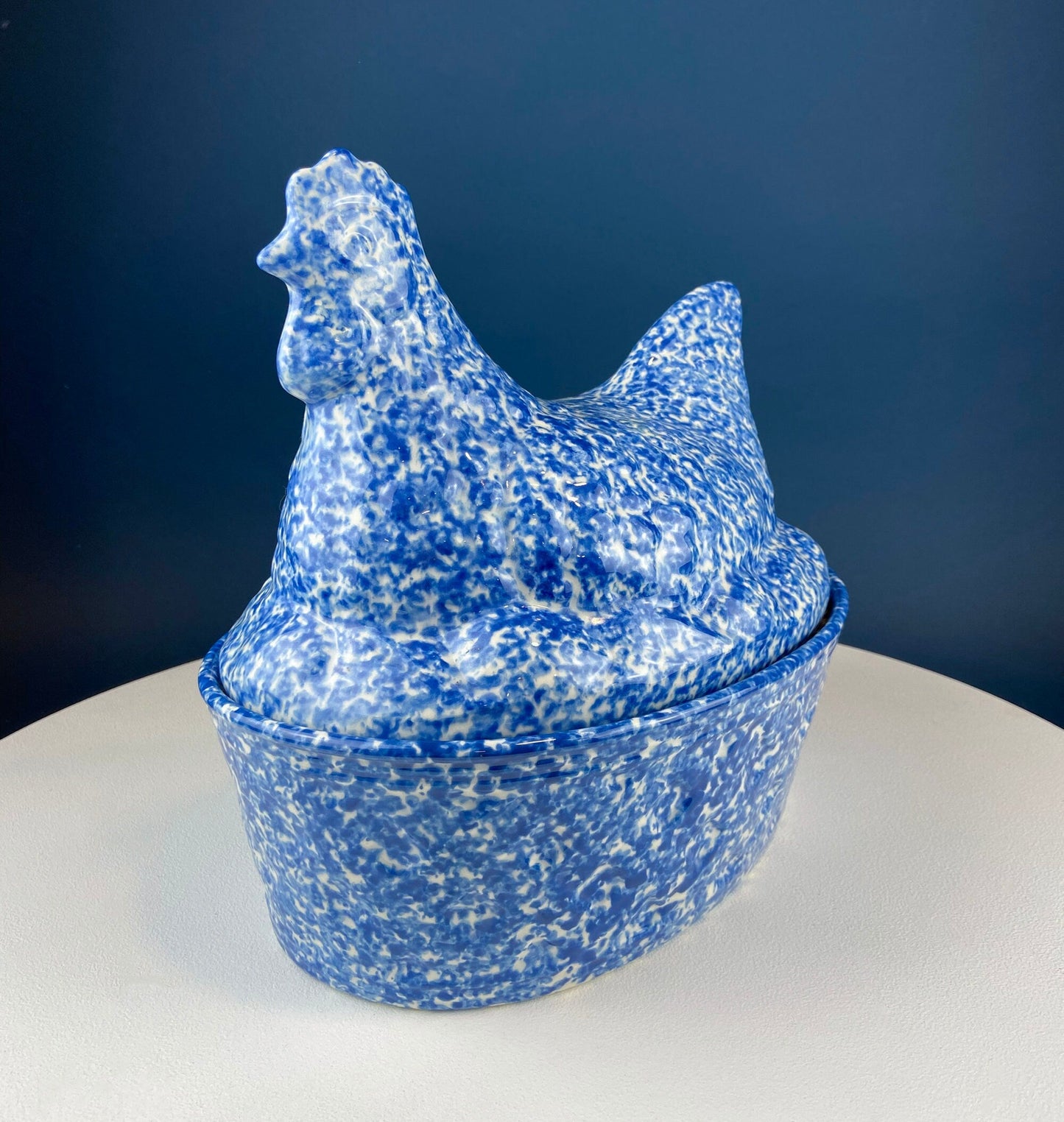 Blue and White Speckled Hen on Nest Stoneware Covered Dish. Large Serving Dish with Lid. Modern Farhouse. Rustic Home Decor and Cookware. .