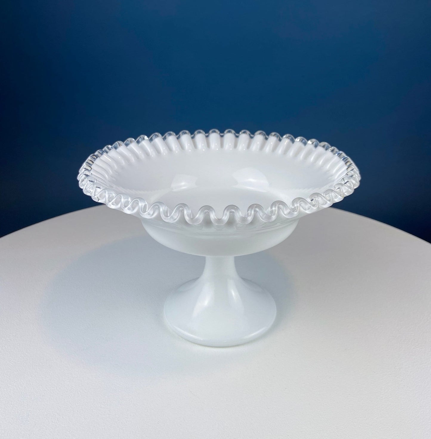 Fenton Milk Glass Footed Bowl with Silver Crest Ruffled Edge. Milk Glass  Collectible Compote by Fenton.