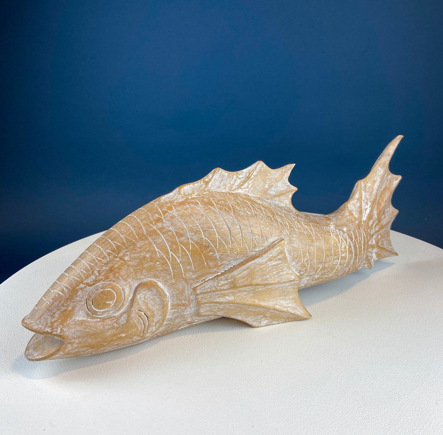 Large Whitewashed Wooden Koi Fish Figurines. Set of Two Fish Sculptures for Tropical Retreat, Second Vacation Home. Gift for Dad, Fisherman.