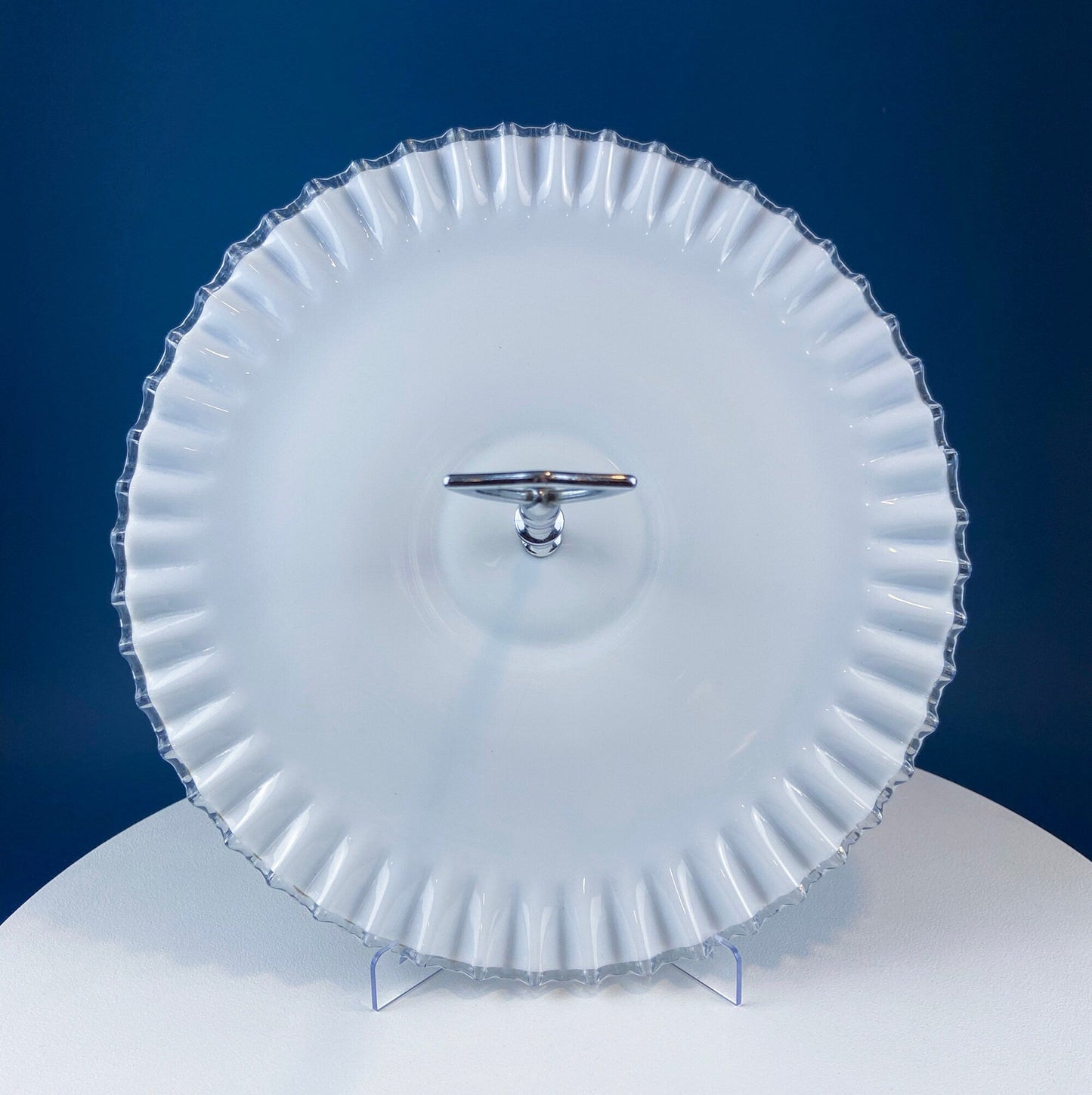 Huge Vintage Fenton Silver Crest Milk Glass Sweets Serving Stand with Silver Handle. White Bakery Serving Dish with Clear Ruffled Edge.