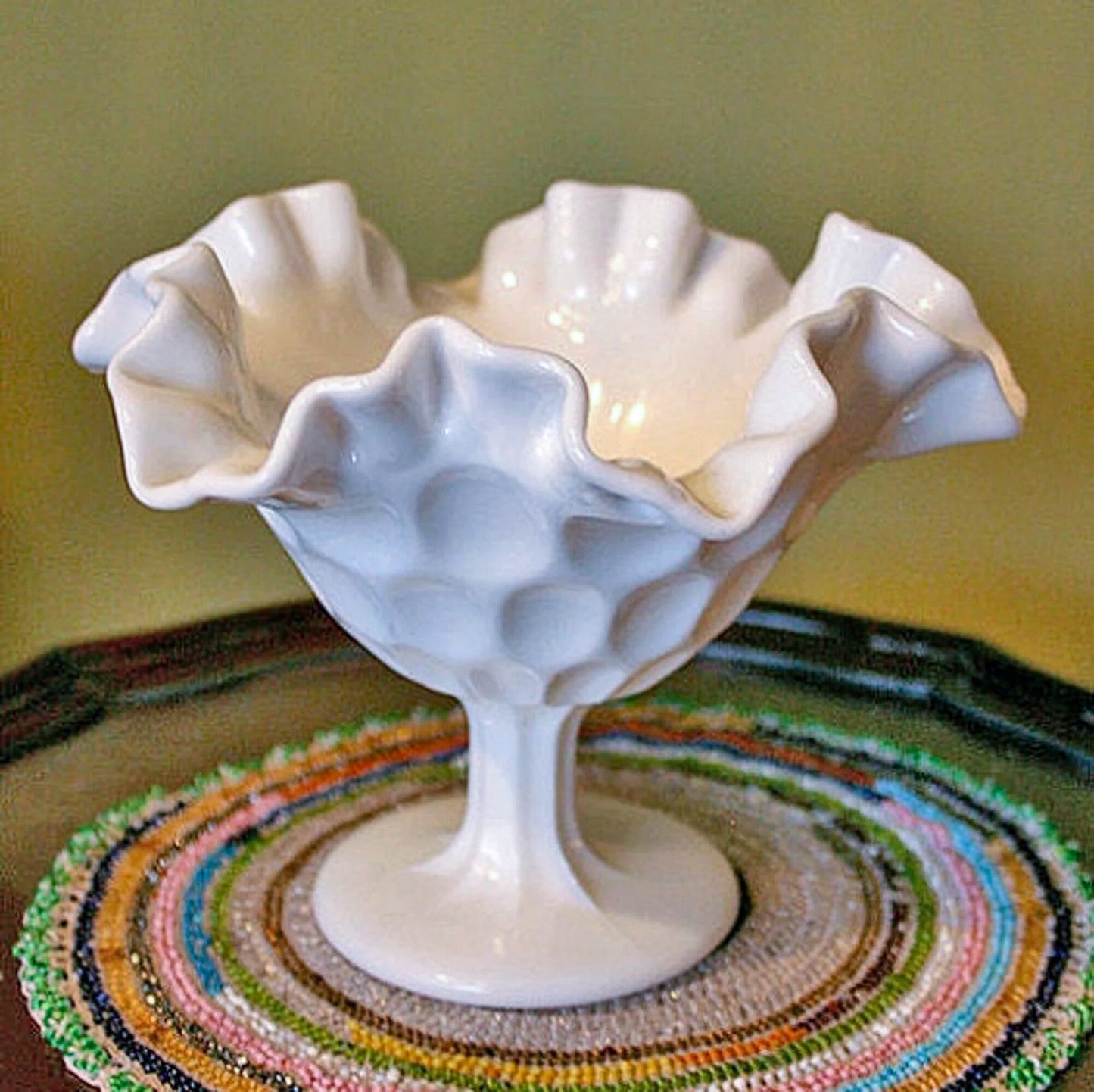 Milk Glass Footed Bowl Shaped like Hibiscus. White Glass Compote with Hobnail Pattern and Scalloped/Ruffled Rim. Serving Dish. Trinket Dish.
