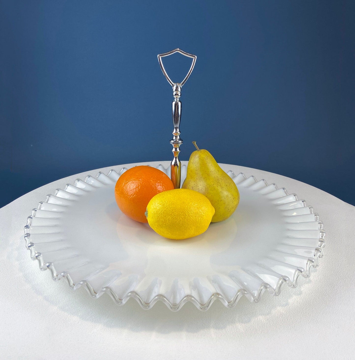 Huge Vintage Fenton Silver Crest Milk Glass Sweets Serving Stand with Silver Handle. White Bakery Serving Dish with Clear Ruffled Edge.