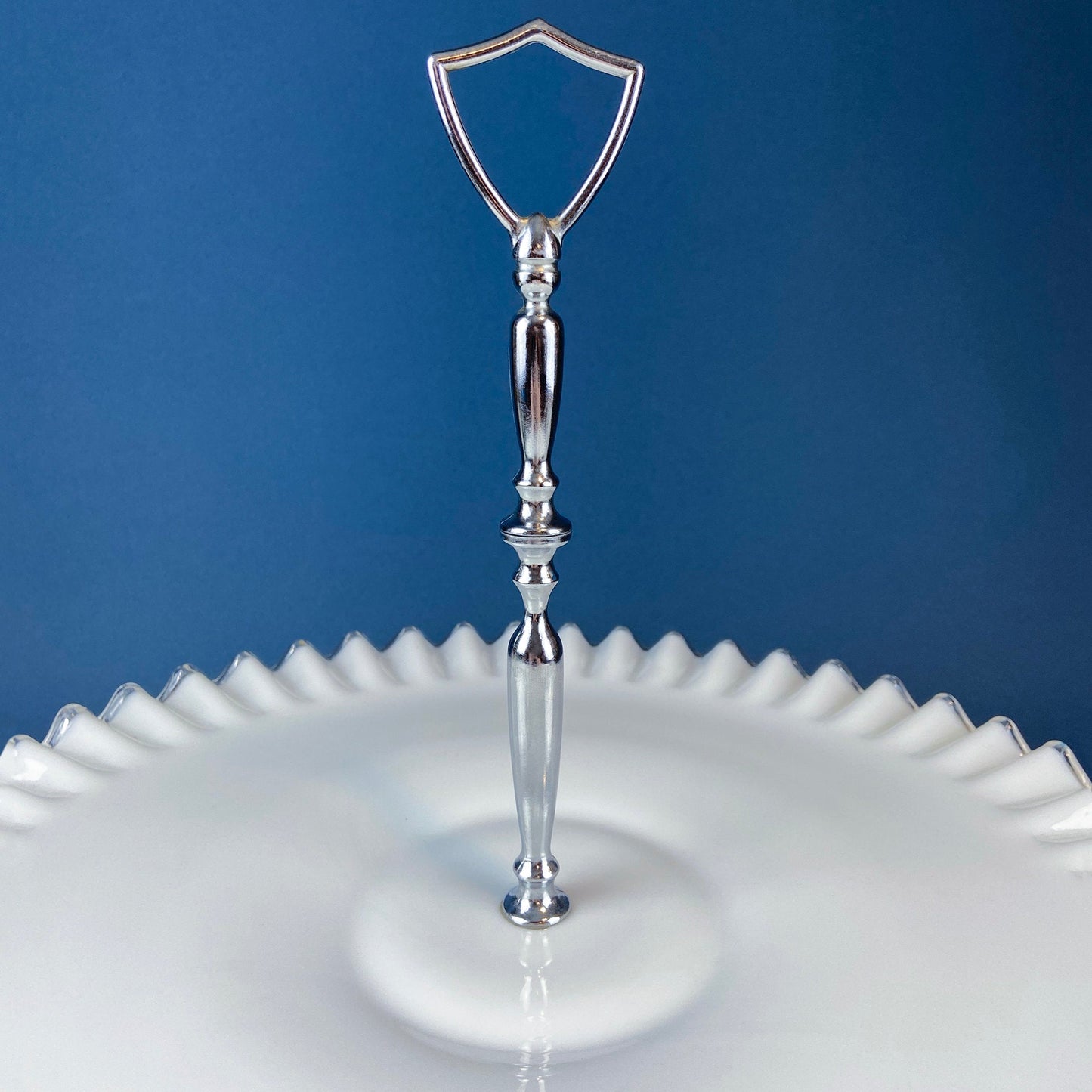 Huge Vintage Fenton Silver Crest Milk Glass Sweets Serving Stand with Silver Handle. White Bakery Serving Dish with Clear Ruffled Edge.