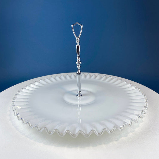 Huge Vintage Fenton Silver Crest Milk Glass Sweets Serving Stand with Silver Handle. White Bakery Serving Dish with Clear Ruffled Edge.