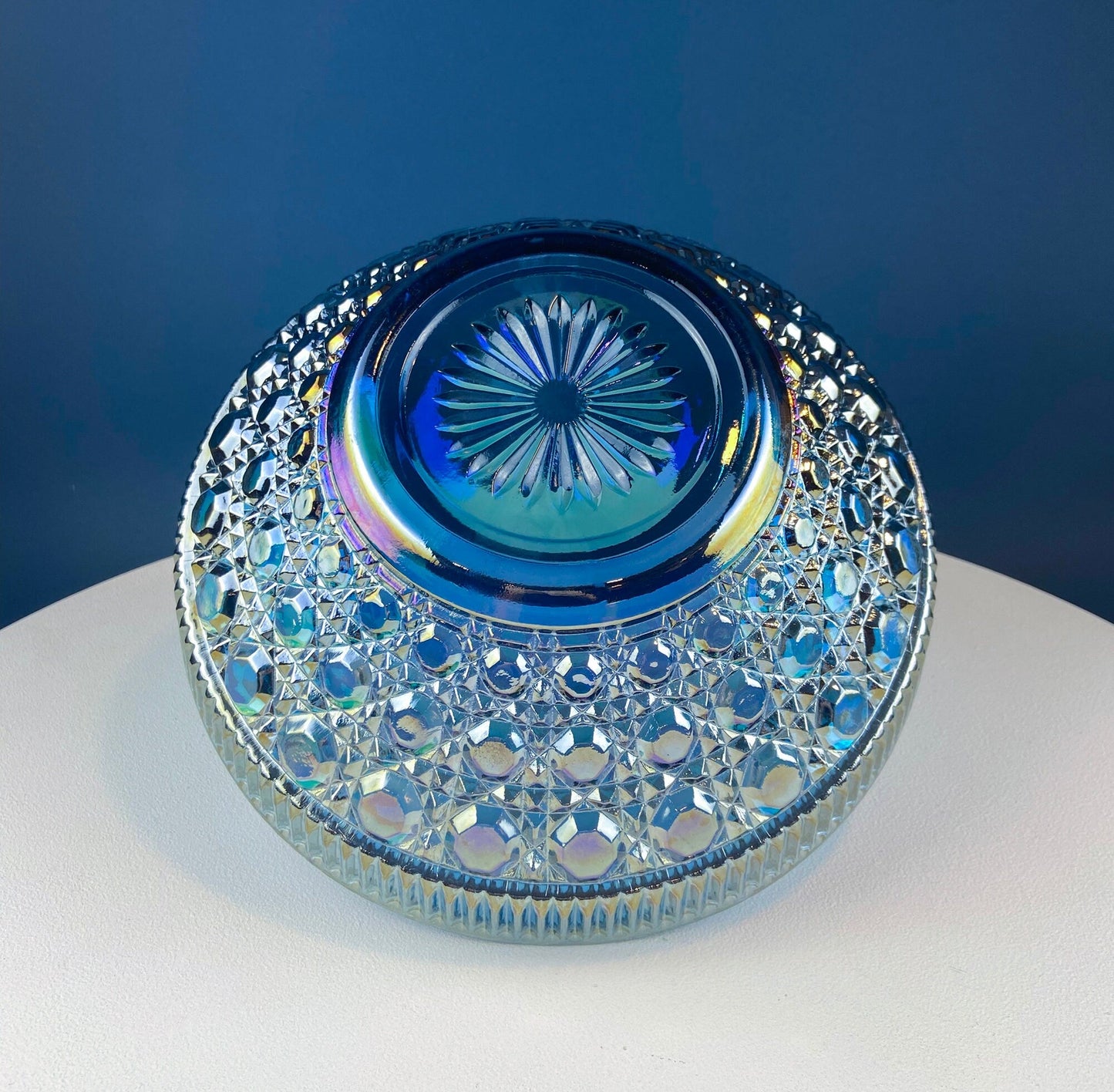 Iridescent Blue Carnival/Federal Glass Bowl. Large Stunning Iridized Serving Bowl. Windsor Button Pattern. Art Glass. Dining Room Decor.