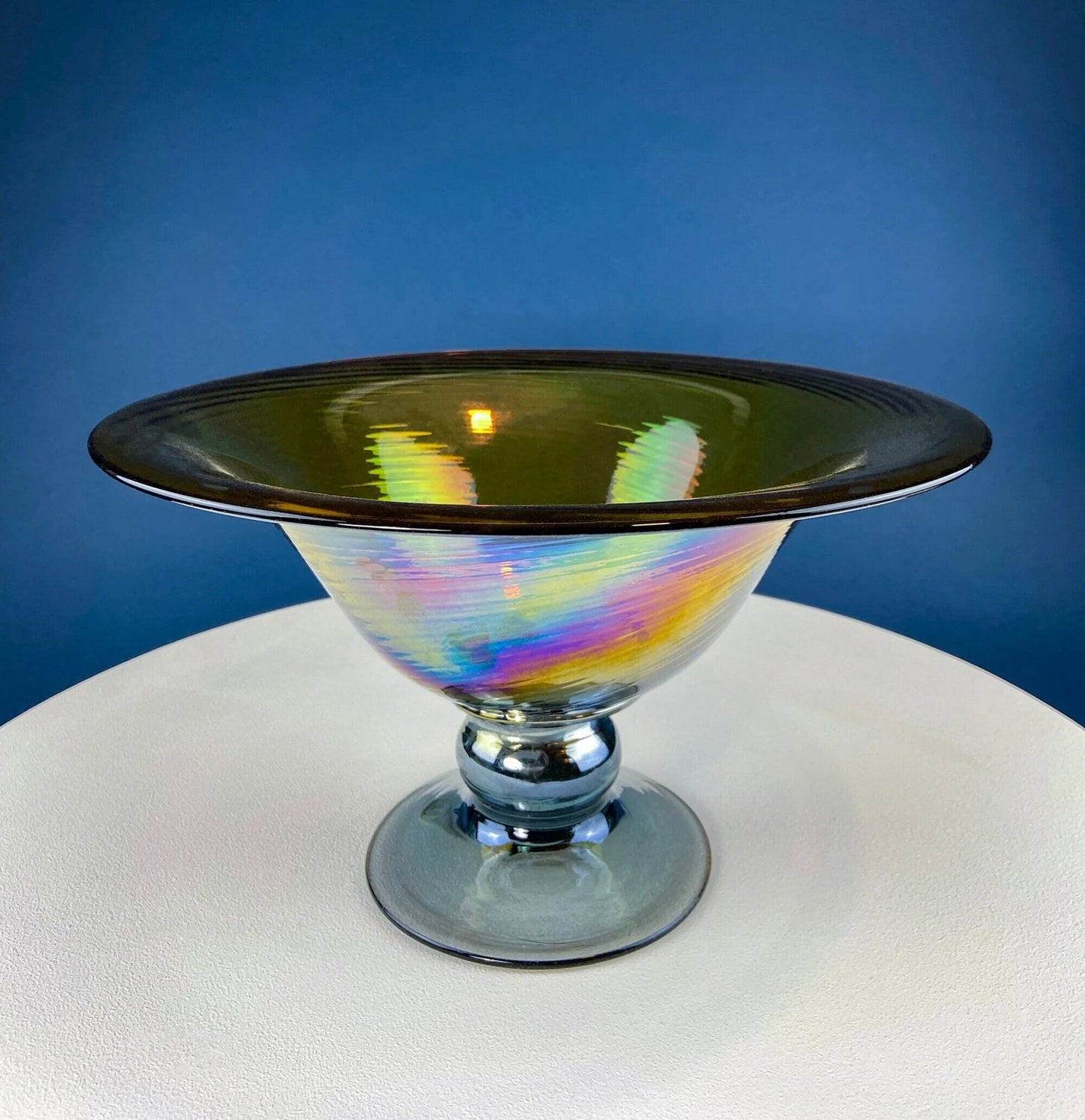 Iridescent Blue Carnival/Federal Glass Bowl. Large Stunning Iridized Serving Bowl. Windsor Button Pattern. Art Glass. Dining Room Decor.