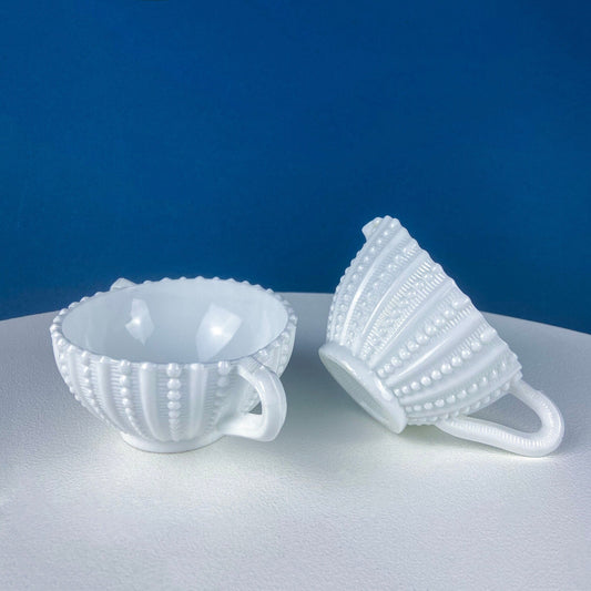 Milk Glass Sea-Urchins Creamer and Sugar.  Nautical Themed White Serving Dishes/Accessories. Set of Two. Vacation, Tropical, 2nd Home.