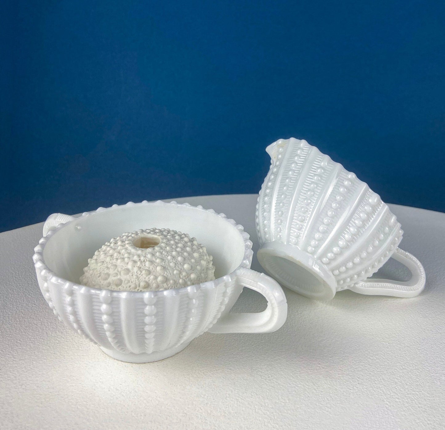 Milk Glass Sea-Urchins Creamer and Sugar.  Nautical Themed White Serving Dishes/Accessories. Set of Two. Vacation, Tropical, 2nd Home.