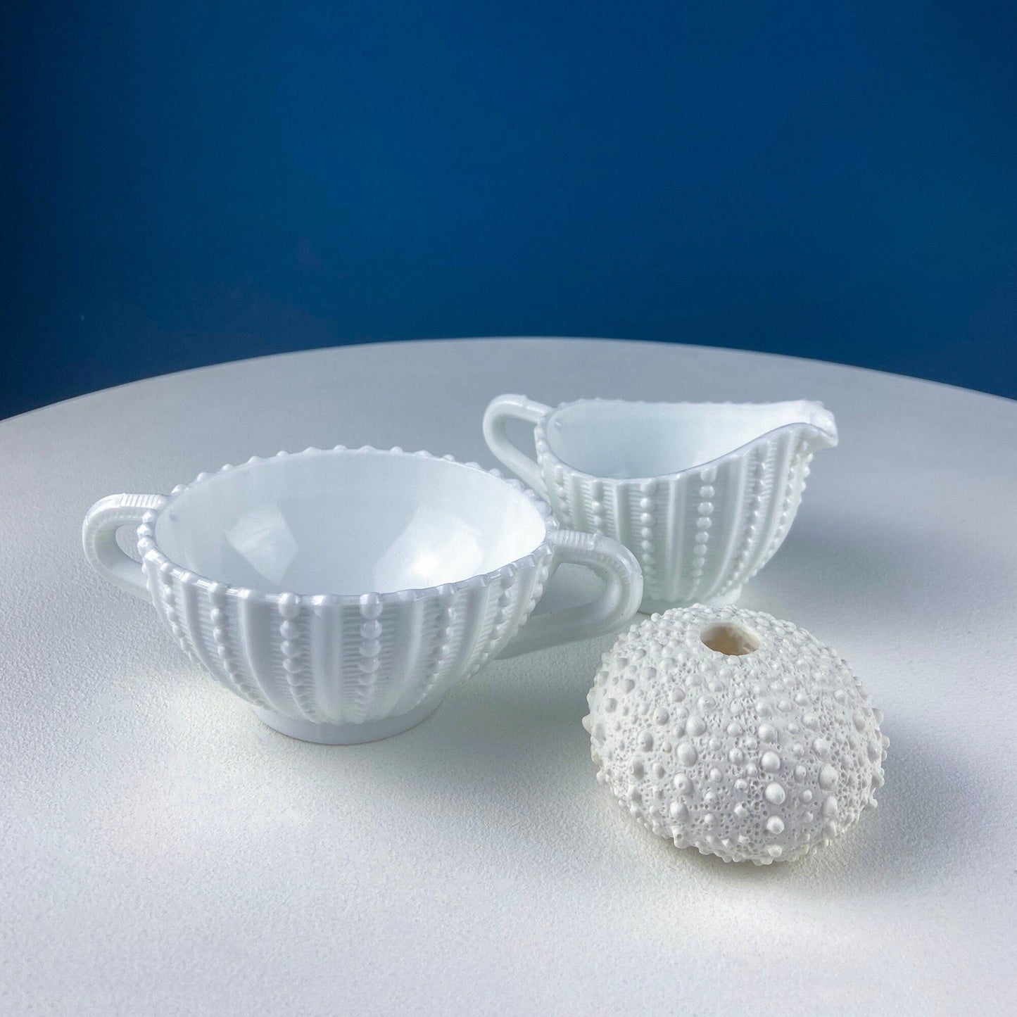 Milk Glass Sea-Urchins Creamer and Sugar.  Nautical Themed White Serving Dishes/Accessories. Set of Two. Vacation, Tropical, 2nd Home.