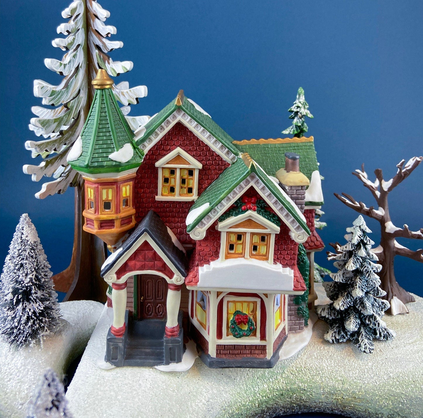 Porcelain Illuminated Red Victorian with Green Roof. Christmas Village Porcelain Building. Enchanted Holiday Decor. Home or Retail Display.