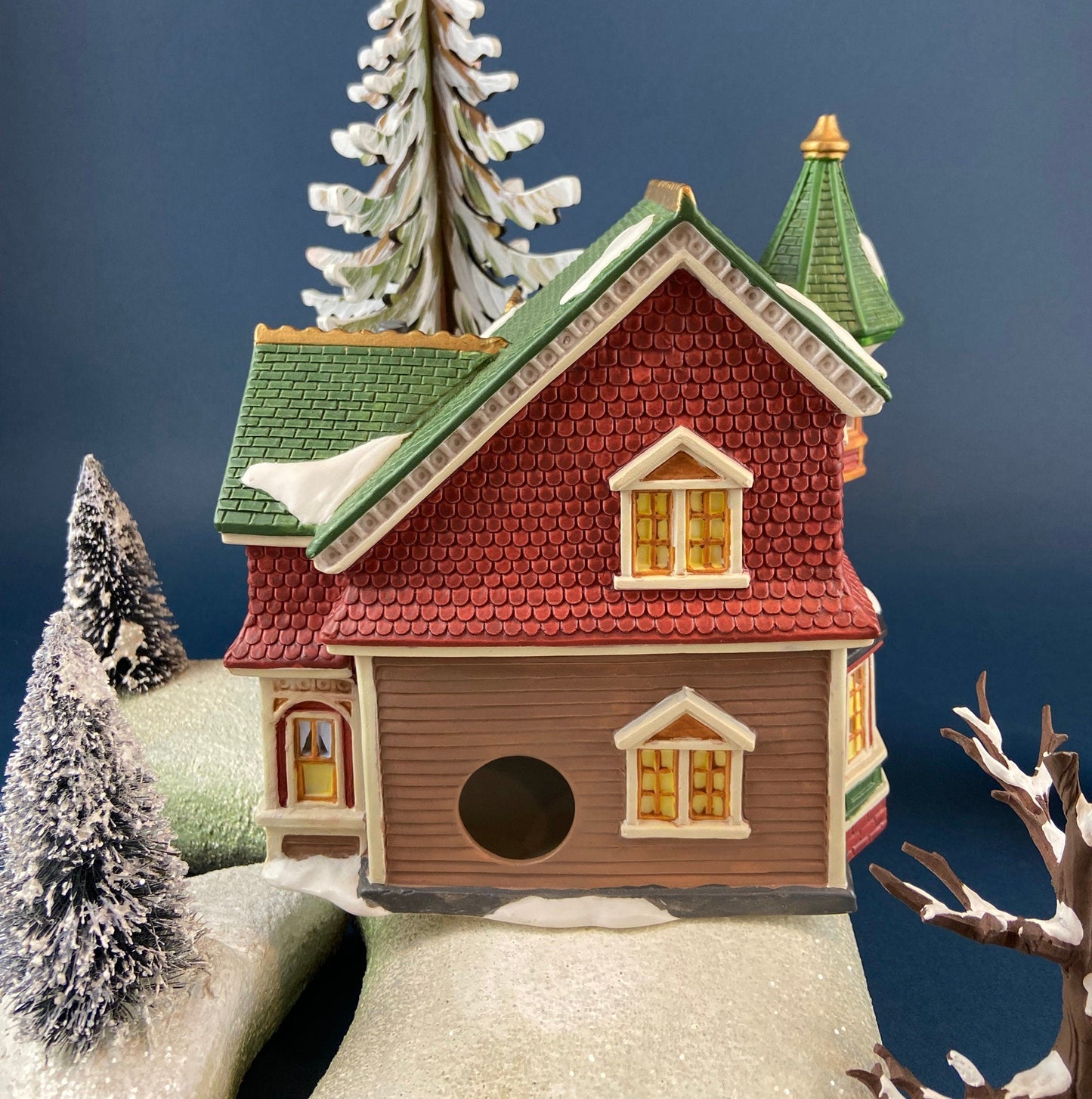 Porcelain Illuminated Red Victorian with Green Roof. Christmas Village Porcelain Building. Enchanted Holiday Decor. Home or Retail Display.