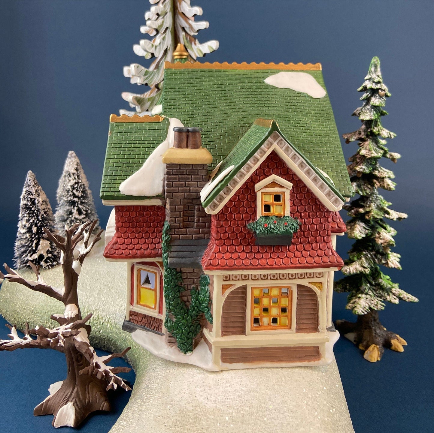 Porcelain Illuminated Red Victorian with Green Roof. Christmas Village Porcelain Building. Enchanted Holiday Decor. Home or Retail Display.