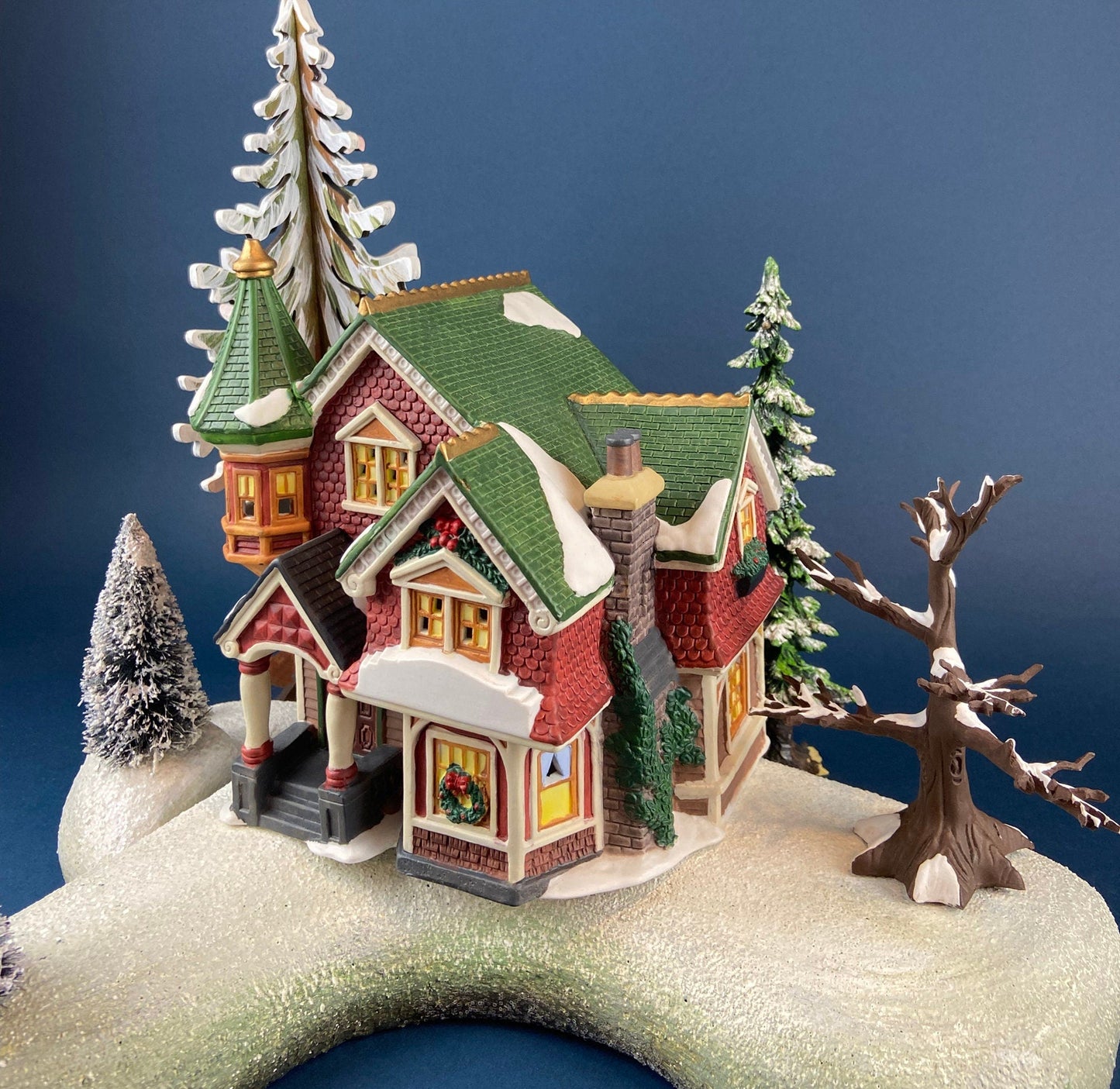 Porcelain Illuminated Red Victorian with Green Roof. Christmas Village Porcelain Building. Enchanted Holiday Decor. Home or Retail Display.