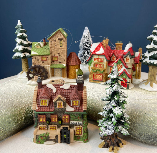Set of 3 Tree Ornaments by Dept 56. Porcelain Hand Painted Bldgs.: Dedlock Arms, Santa's Workshop, and Dickens'Village Mill. Home or Retail.