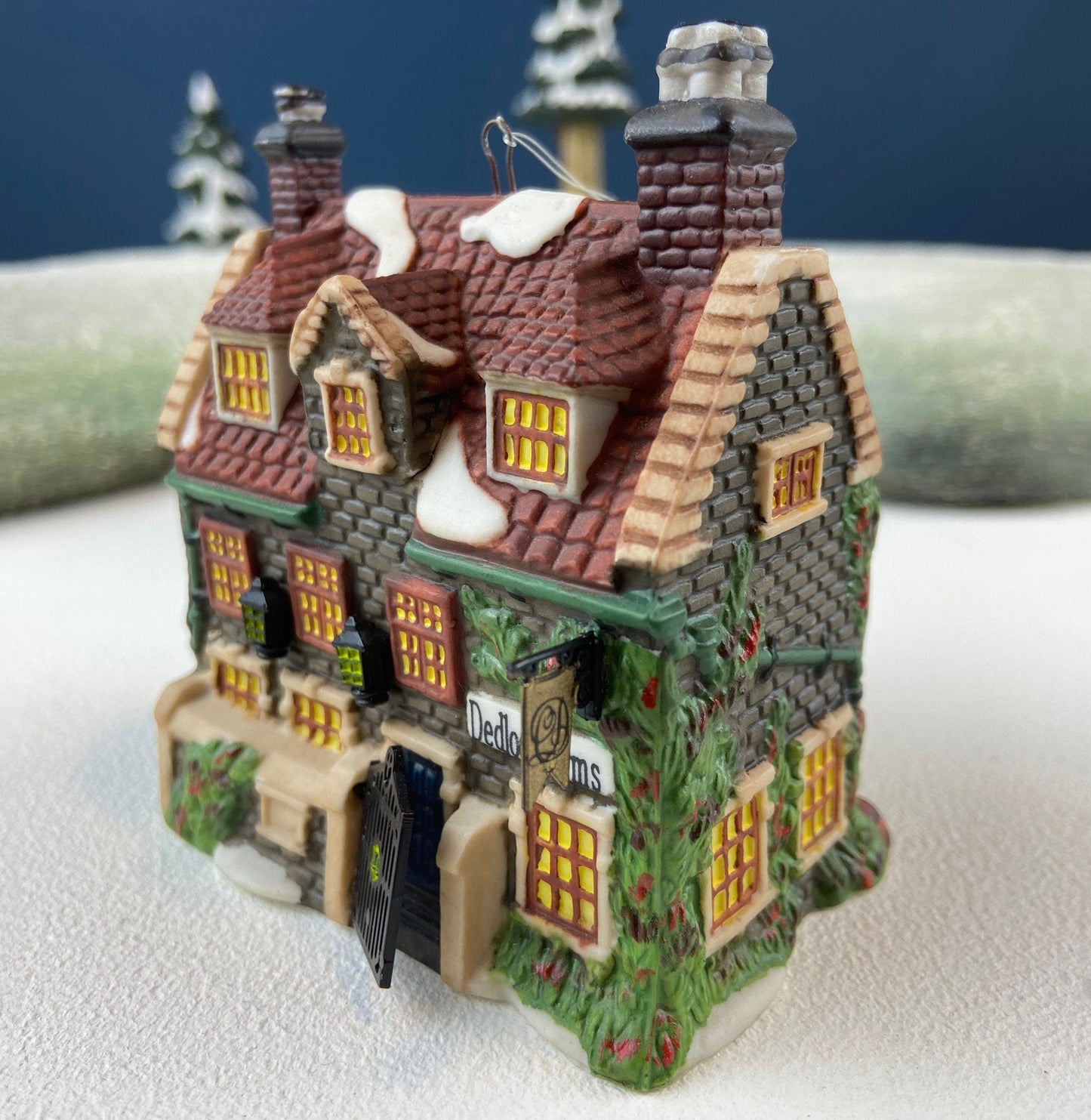 Set of 3 Tree Ornaments by Dept 56. Porcelain Hand Painted Bldgs.: Dedlock Arms, Santa's Workshop, and Dickens'Village Mill. Home or Retail.