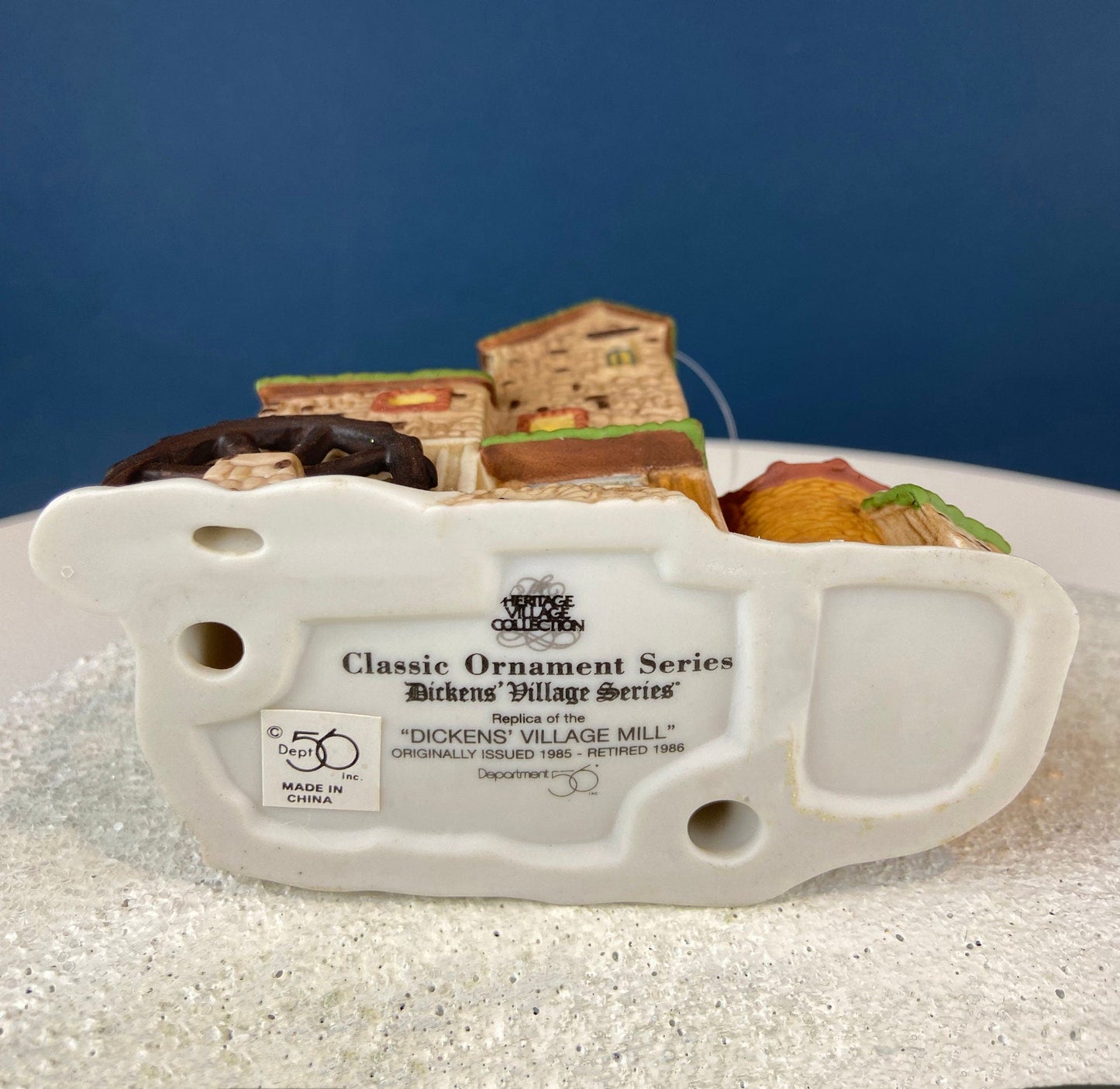 Set of 3 Tree Ornaments by Dept 56. Porcelain Hand Painted Bldgs.: Dedlock Arms, Santa's Workshop, and Dickens'Village Mill. Home or Retail.