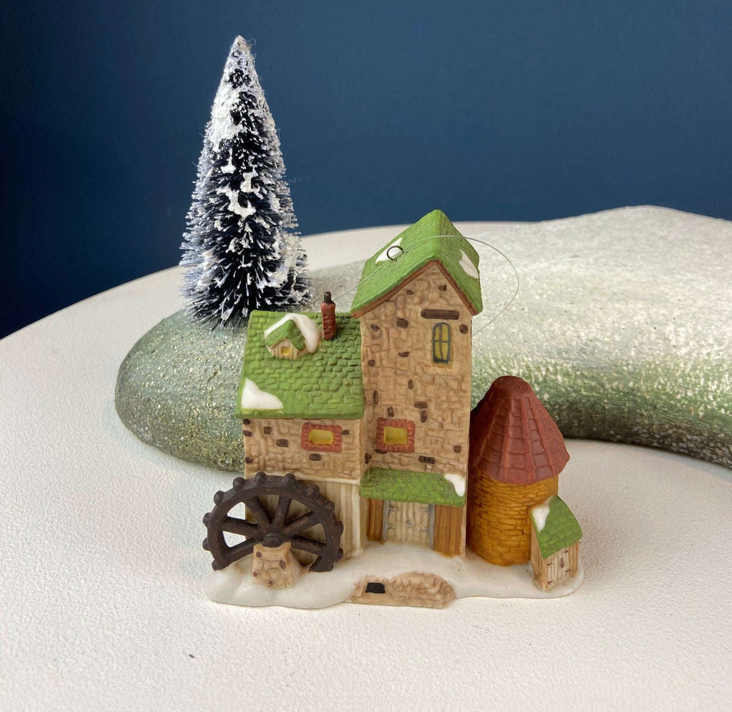 Set of 3 Tree Ornaments by Dept 56. Porcelain Hand Painted Bldgs.: Dedlock Arms, Santa's Workshop, and Dickens'Village Mill. Home or Retail.