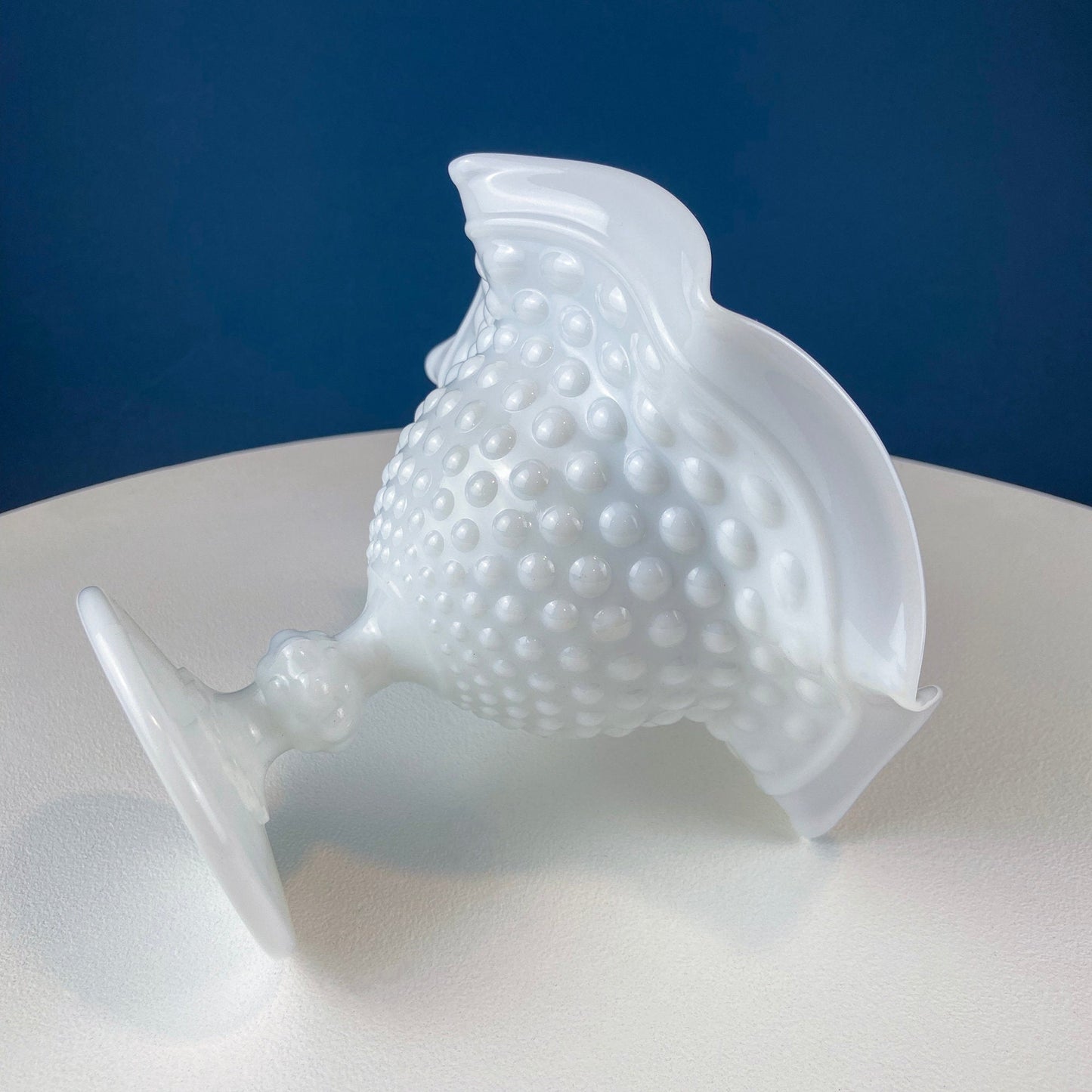 Milk Glass Footed Bowl Shaped like Hibiscus. White Glass Compote with Hobnail Pattern and Scalloped/Ruffled Rim. Serving Dish. Trinket Dish.