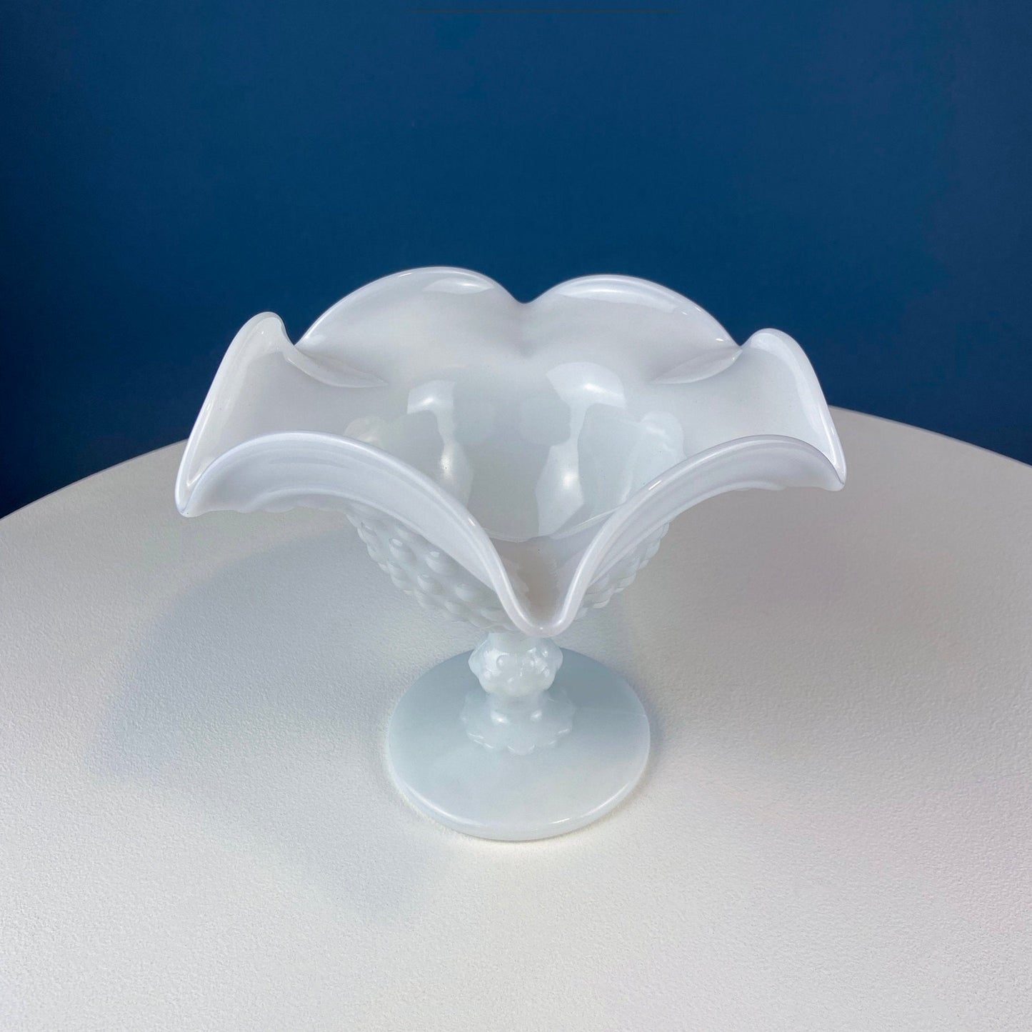 Milk Glass Footed Bowl Shaped like Hibiscus. White Glass Compote with Hobnail Pattern and Scalloped/Ruffled Rim. Serving Dish. Trinket Dish.