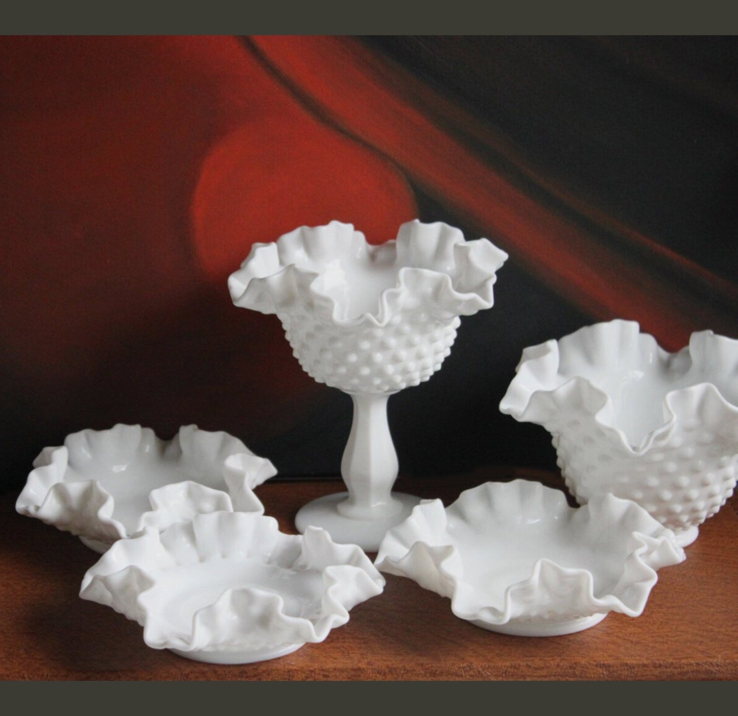 Milk Glass Footed Bowl Shaped like Hibiscus. White Glass Compote with Hobnail Pattern and Scalloped/Ruffled Rim. Serving Dish. Trinket Dish.