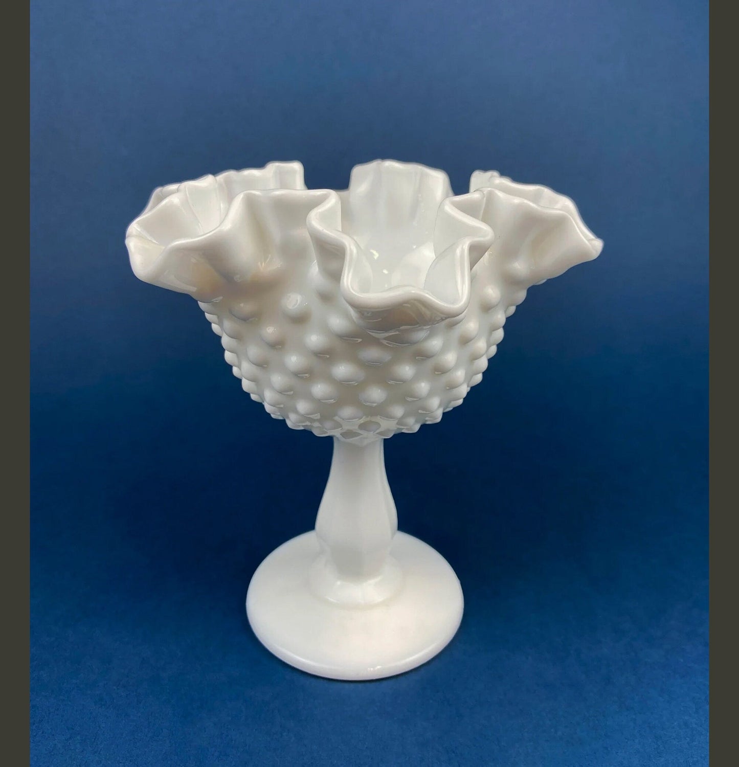 Milk Glass Footed Bowl Shaped like Hibiscus. White Glass Compote with Hobnail Pattern and Scalloped/Ruffled Rim. Serving Dish. Trinket Dish.