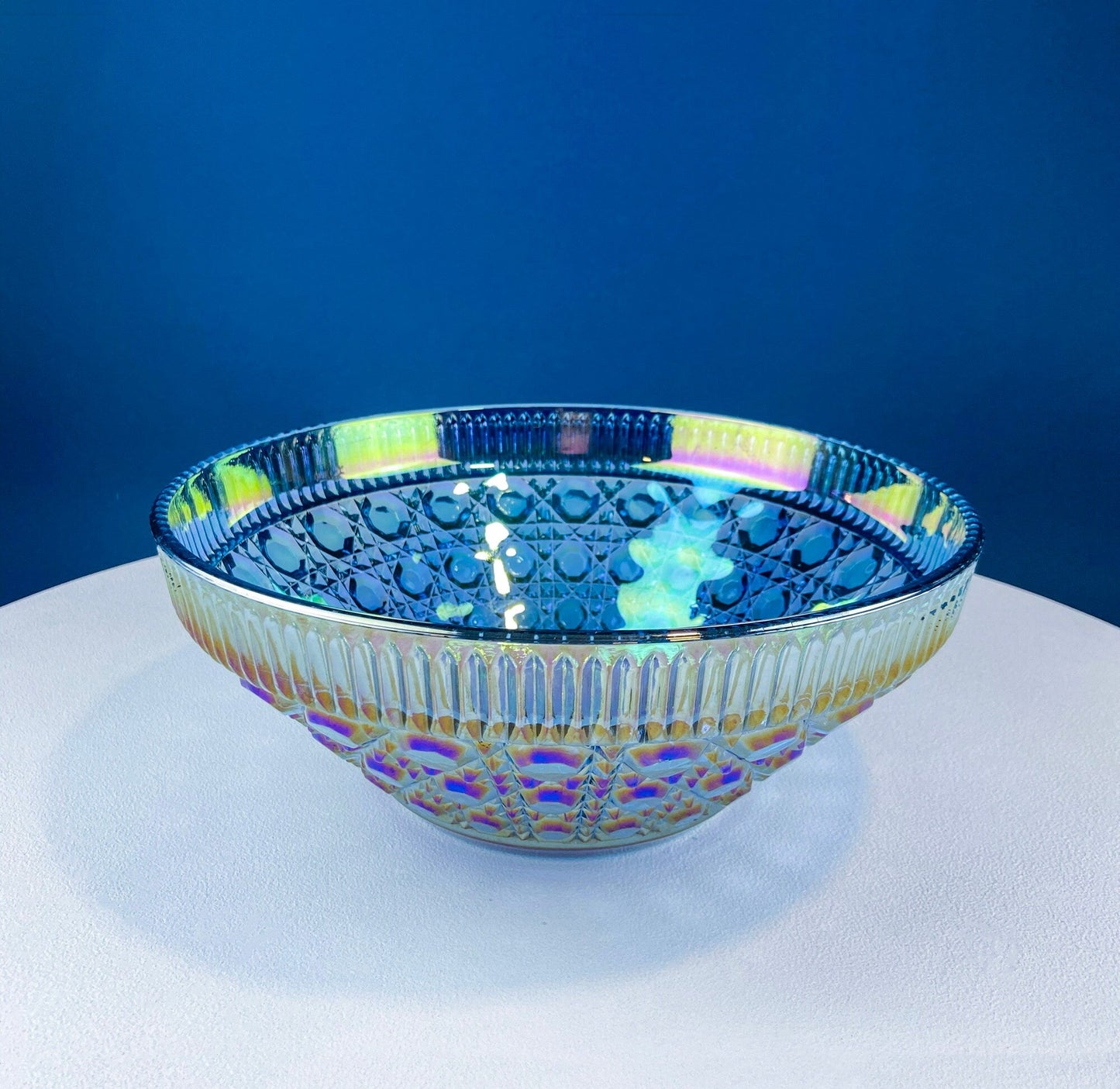 Iridescent Blue Carnival/Federal Glass Bowl. Large Stunning Iridized Serving Bowl. Windsor Button Pattern. Art Glass. Dining Room Decor.