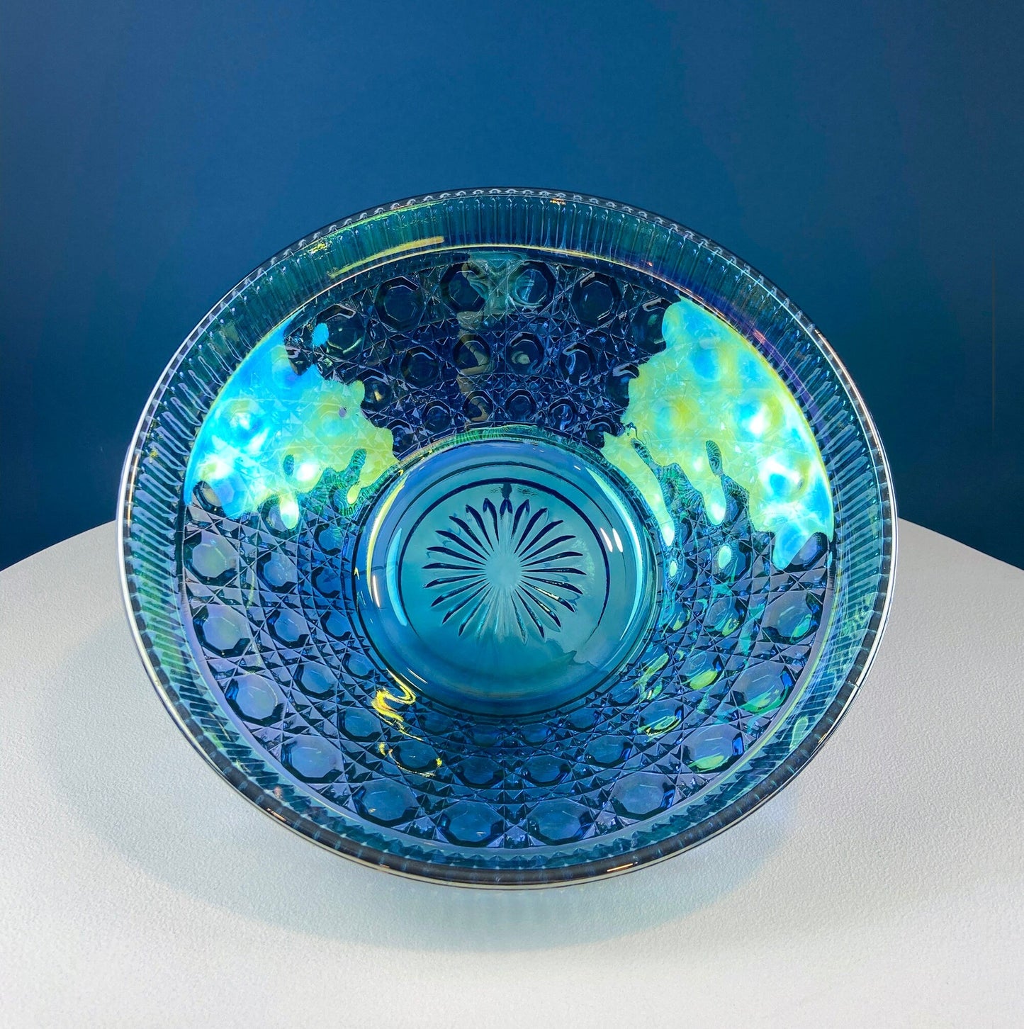 Iridescent Blue Carnival/Federal Glass Bowl. Large Stunning Iridized Serving Bowl. Windsor Button Pattern. Art Glass. Dining Room Decor.