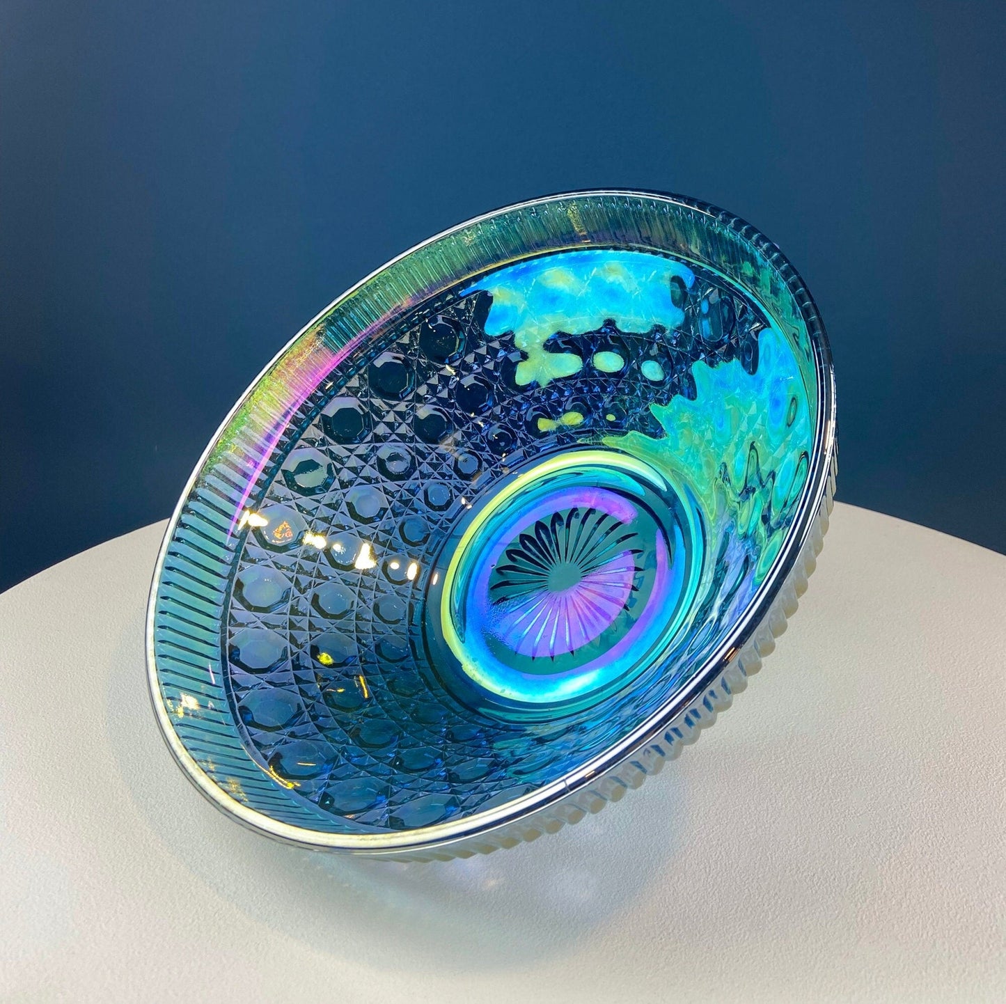Iridescent Blue Carnival/Federal Glass Bowl. Large Stunning Iridized Serving Bowl. Windsor Button Pattern. Art Glass. Dining Room Decor.