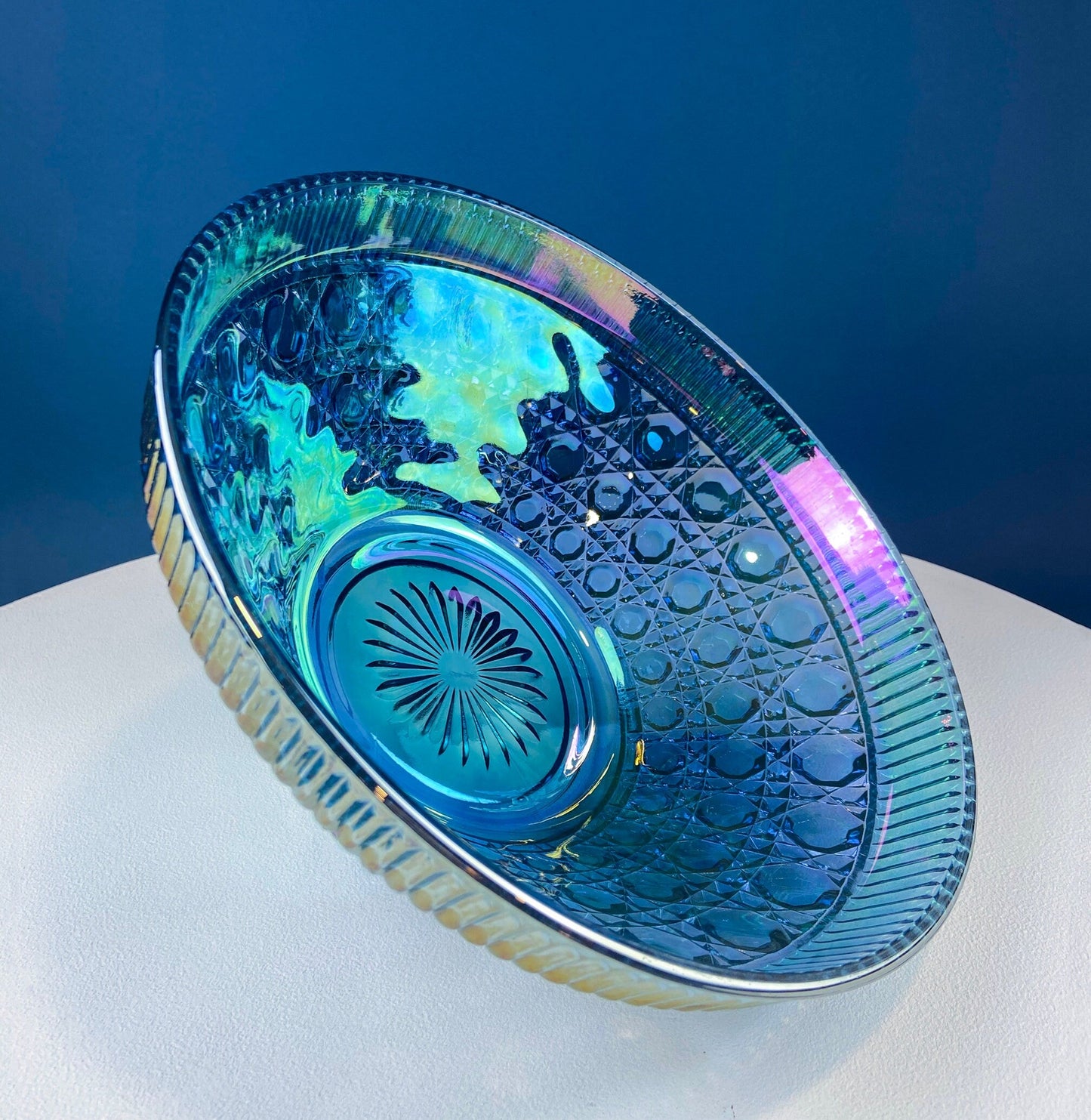 Iridescent Blue Carnival/Federal Glass Bowl. Large Stunning Iridized Serving Bowl. Windsor Button Pattern. Art Glass. Dining Room Decor.
