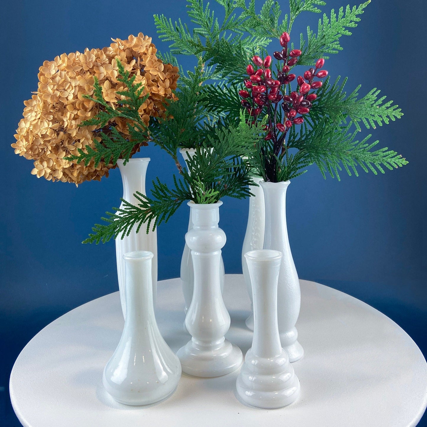 Collection of Milk Glass Vases. Set of Seven. Varying Shapes and Sizes. Contemporary Designs. White Kitchen, Dining, or Living Room Decor.