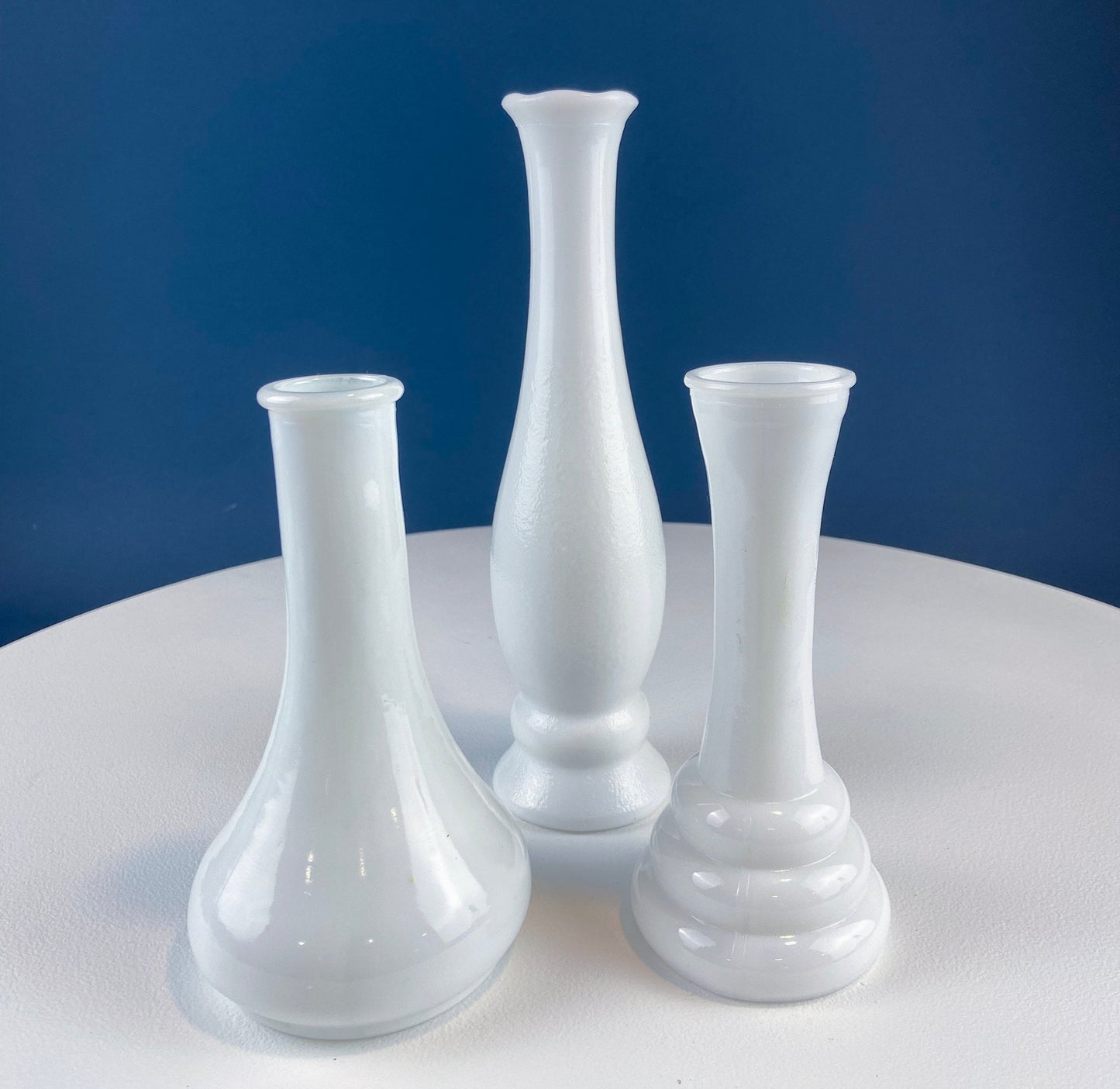 Collection of Milk Glass Vases. Set of Seven. Varying Shapes and Sizes. Contemporary Designs. White Kitchen, Dining, or Living Room Decor.
