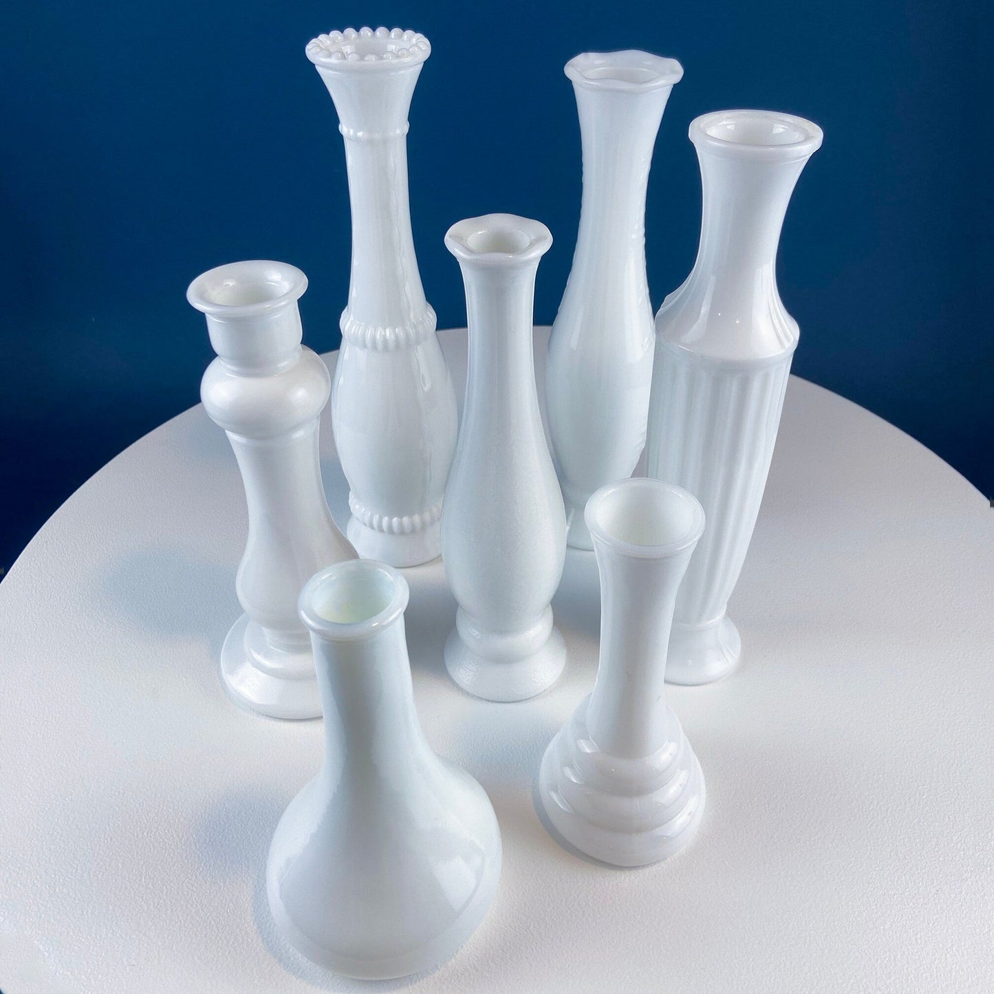Collection of Milk Glass Vases. Set of Seven. Varying Shapes and Sizes. Contemporary Designs. White Kitchen, Dining, or Living Room Decor.