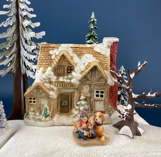 Christmas Village Rustic Cottage/Cabin with Boy & Dogs Figurine. Illuminated Porcelain Hand Painted Bldg. Home or Retail Alt. Holiday Decor.