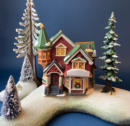 Porcelain Illuminated Red Victorian with Green Roof. Christmas Village Porcelain Building. Enchanted Holiday Decor. Home or Retail Display.