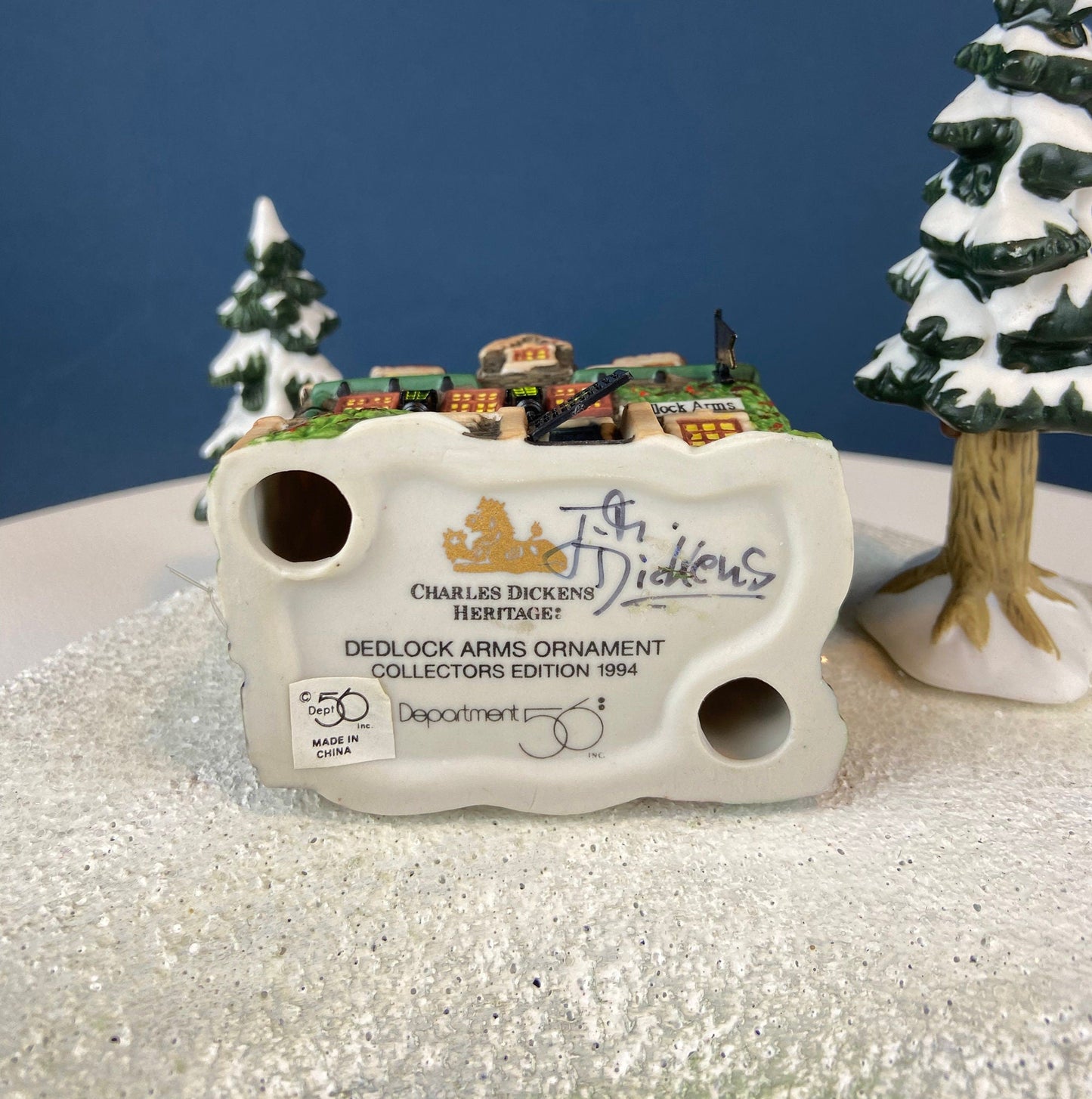 Set of 3 Tree Ornaments by Dept 56. Porcelain Hand Painted Bldgs.: Dedlock Arms, Santa's Workshop, and Dickens'Village Mill. Home or Retail.