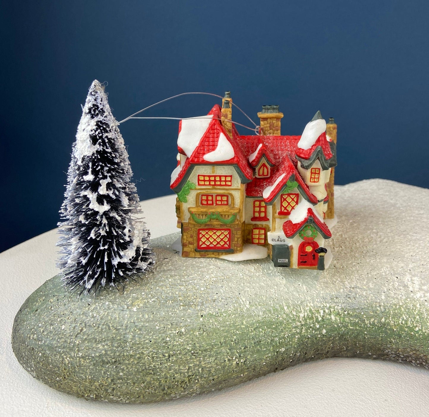 Set of 3 Tree Ornaments by Dept 56. Porcelain Hand Painted Bldgs.: Dedlock Arms, Santa's Workshop, and Dickens'Village Mill. Home or Retail.